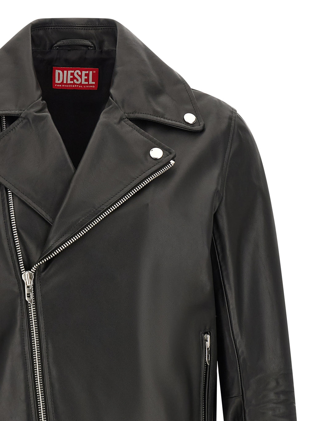 Veste en cuir noir Diesel pour homme, en cuir de vache, style biker avec fermeture zippée et col montant.