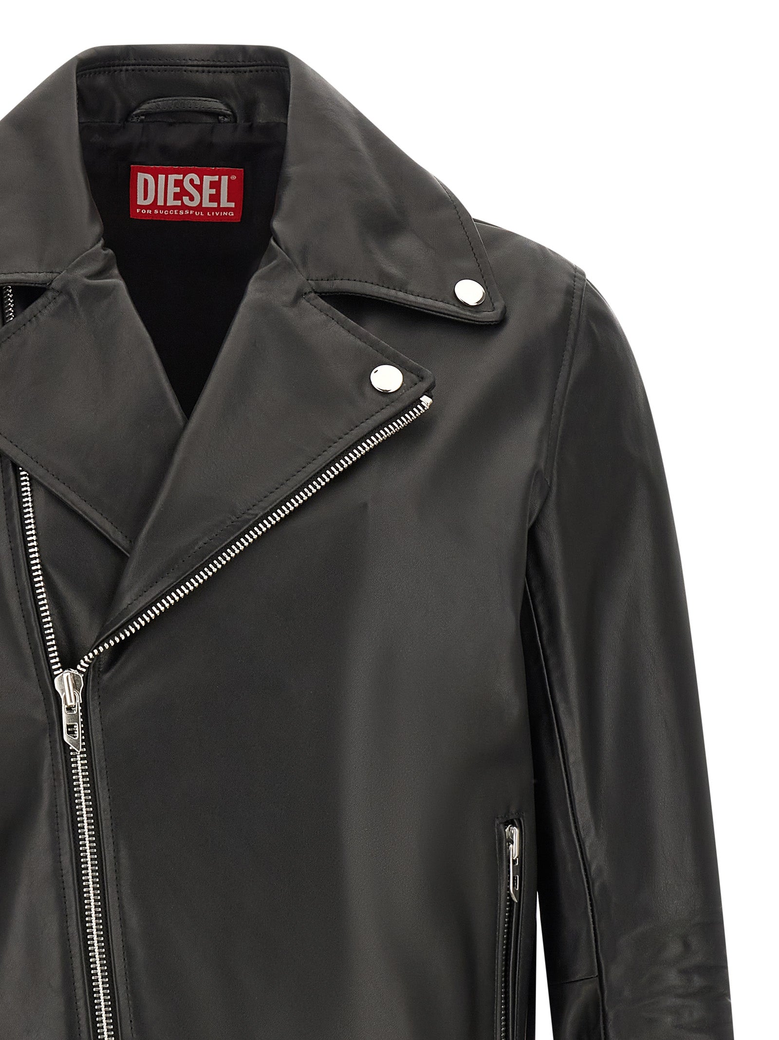 Veste en cuir noir Diesel pour homme, en cuir de vache, style biker avec fermeture zippée et col montant.