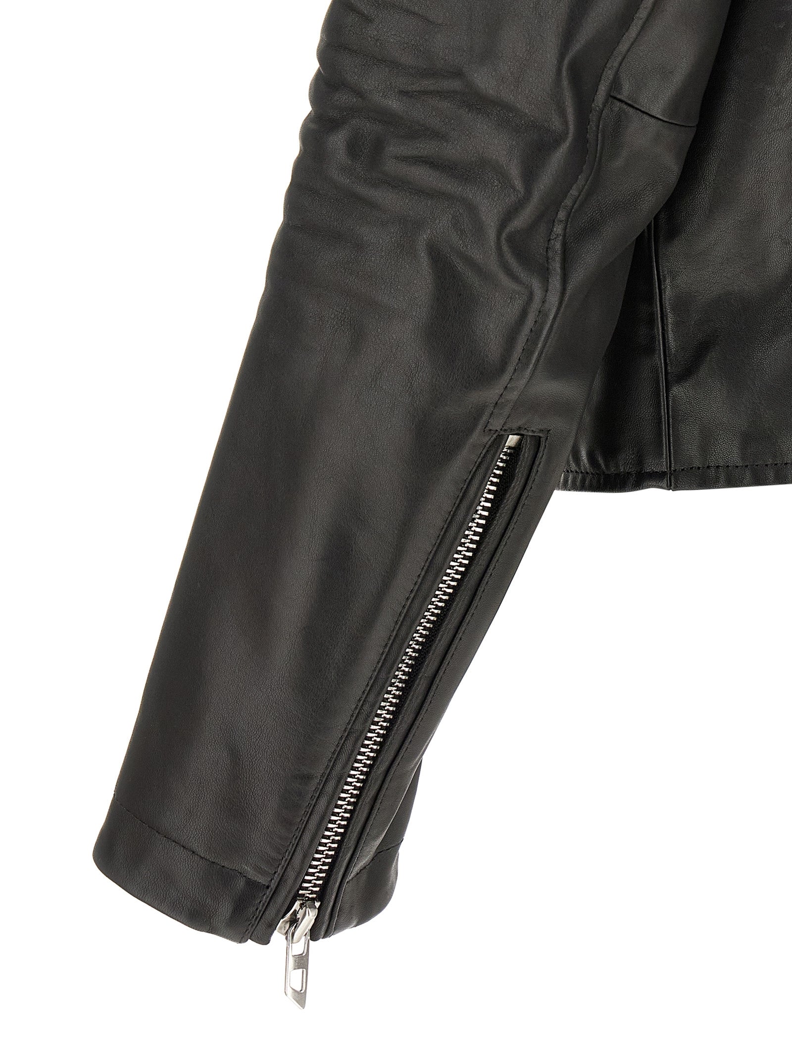Veste en cuir noir Diesel pour homme, en cuir de veau, avec col et fermeture éclair, style décontracté et moderne.