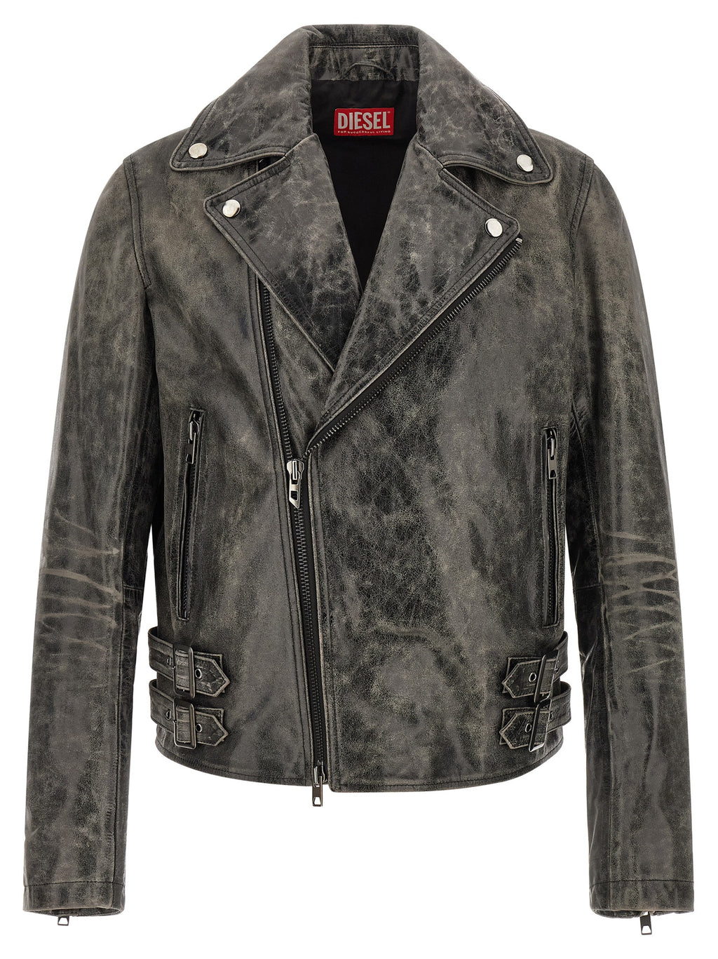 Veste en cuir de vache grise de marque Diesel, coupe classique avec détails en cuir véritable.