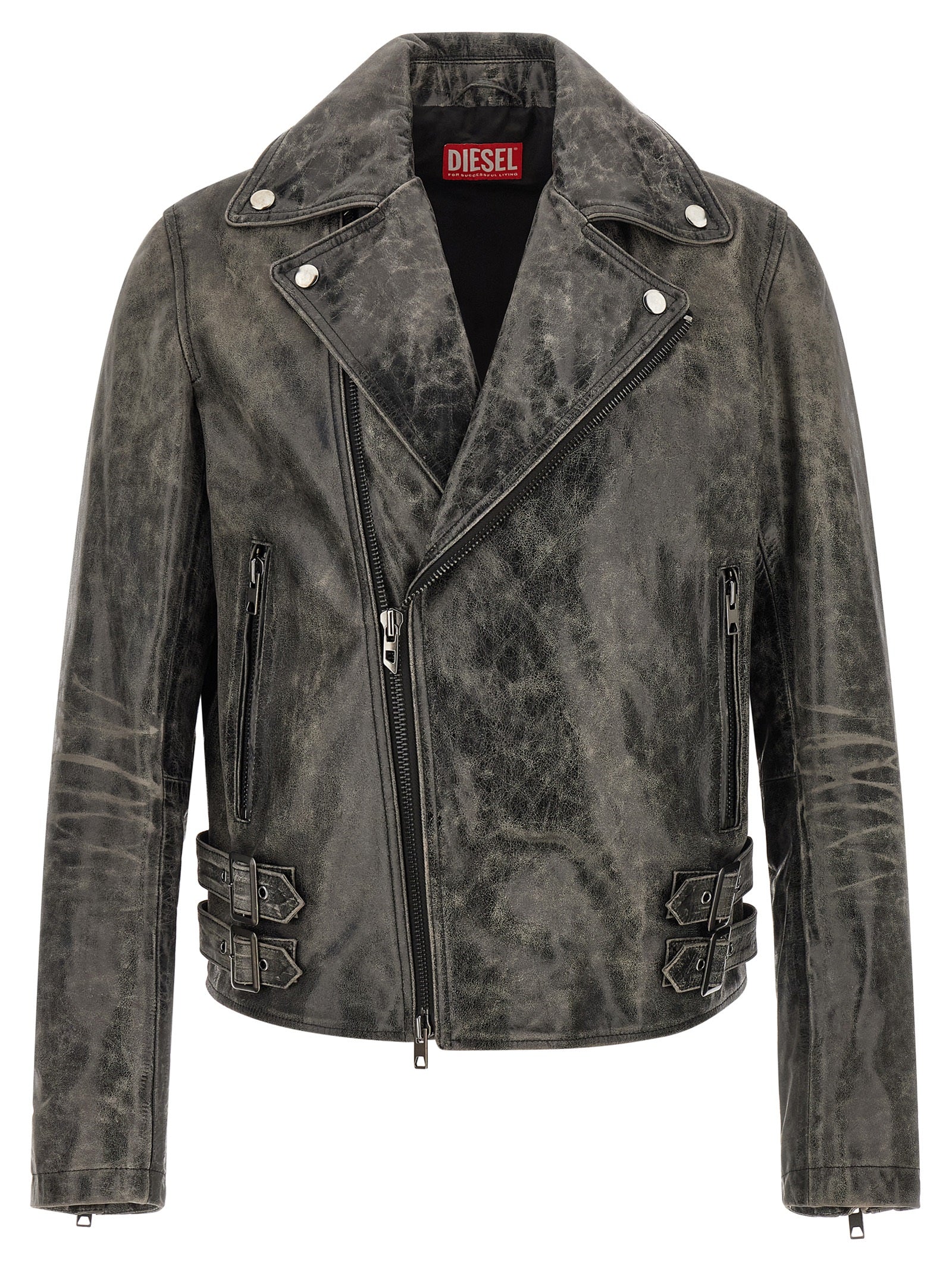 Veste en cuir de vache grise de marque Diesel, coupe classique avec détails en cuir véritable.