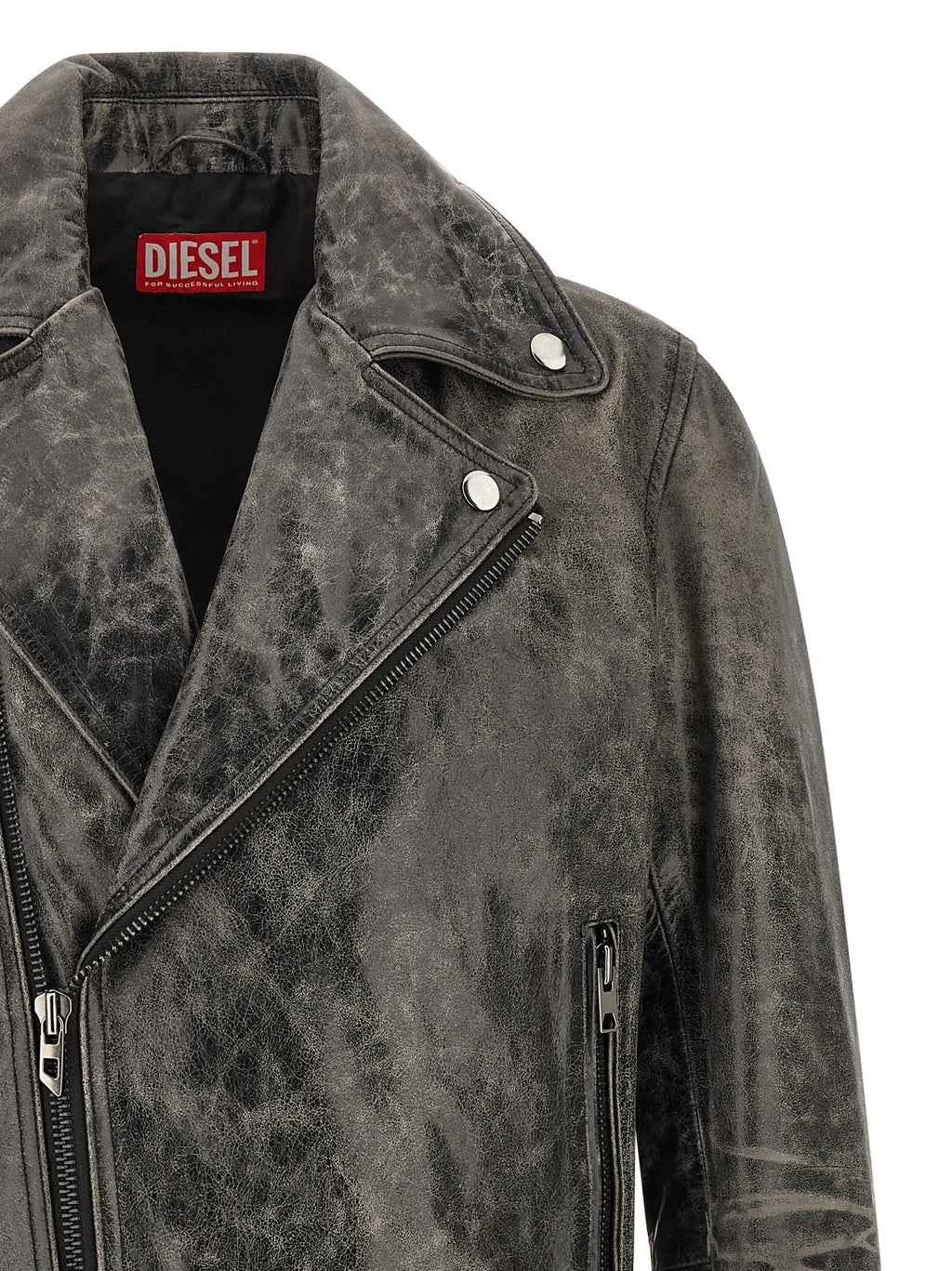 Veste en cuir de vachette grise Diesel, style aviateur, avec col en shearling et fermeture éclair sur le devant.