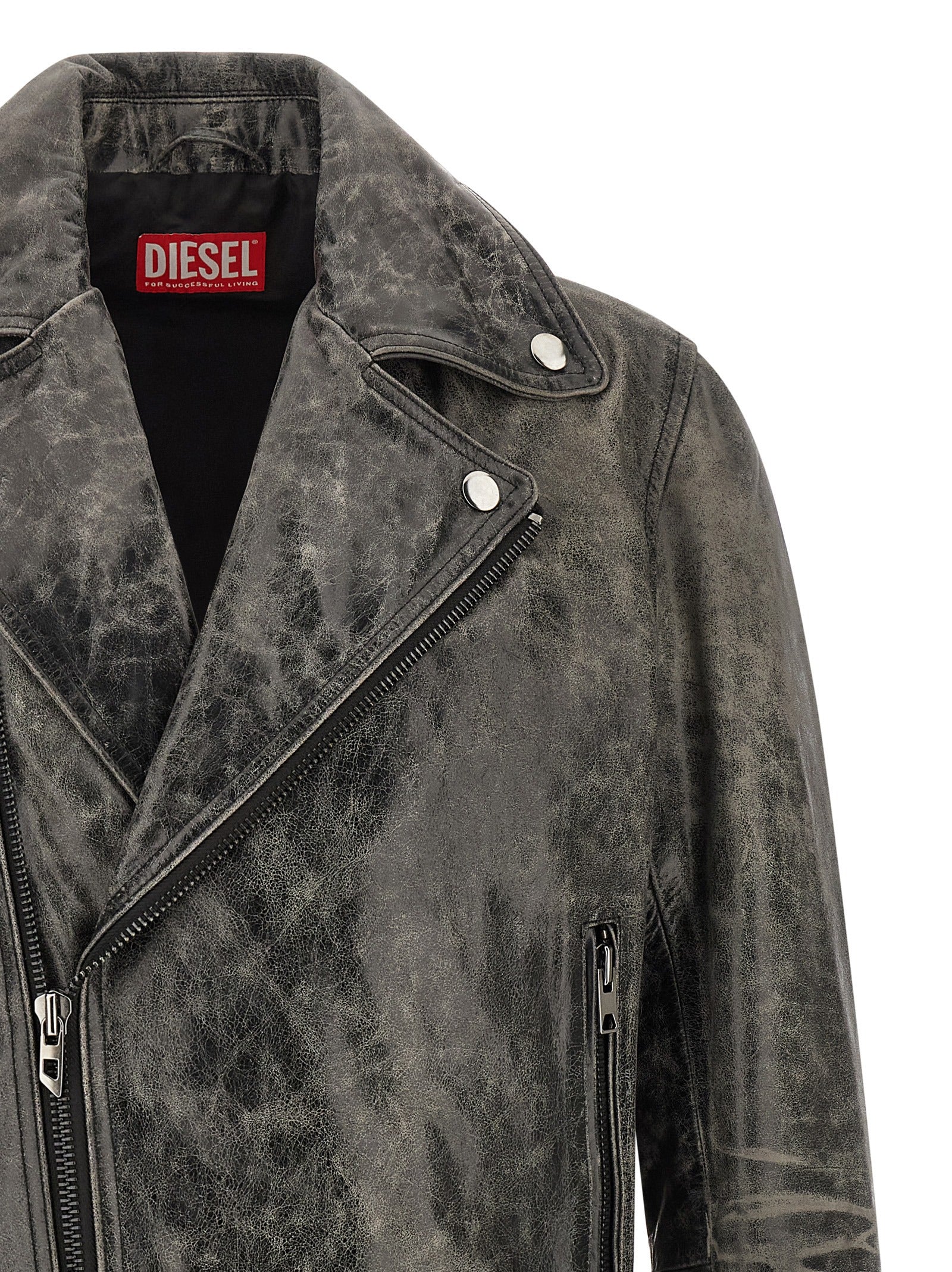 Veste en cuir de vachette grise Diesel, style aviateur, avec col en shearling et fermeture éclair sur le devant.
