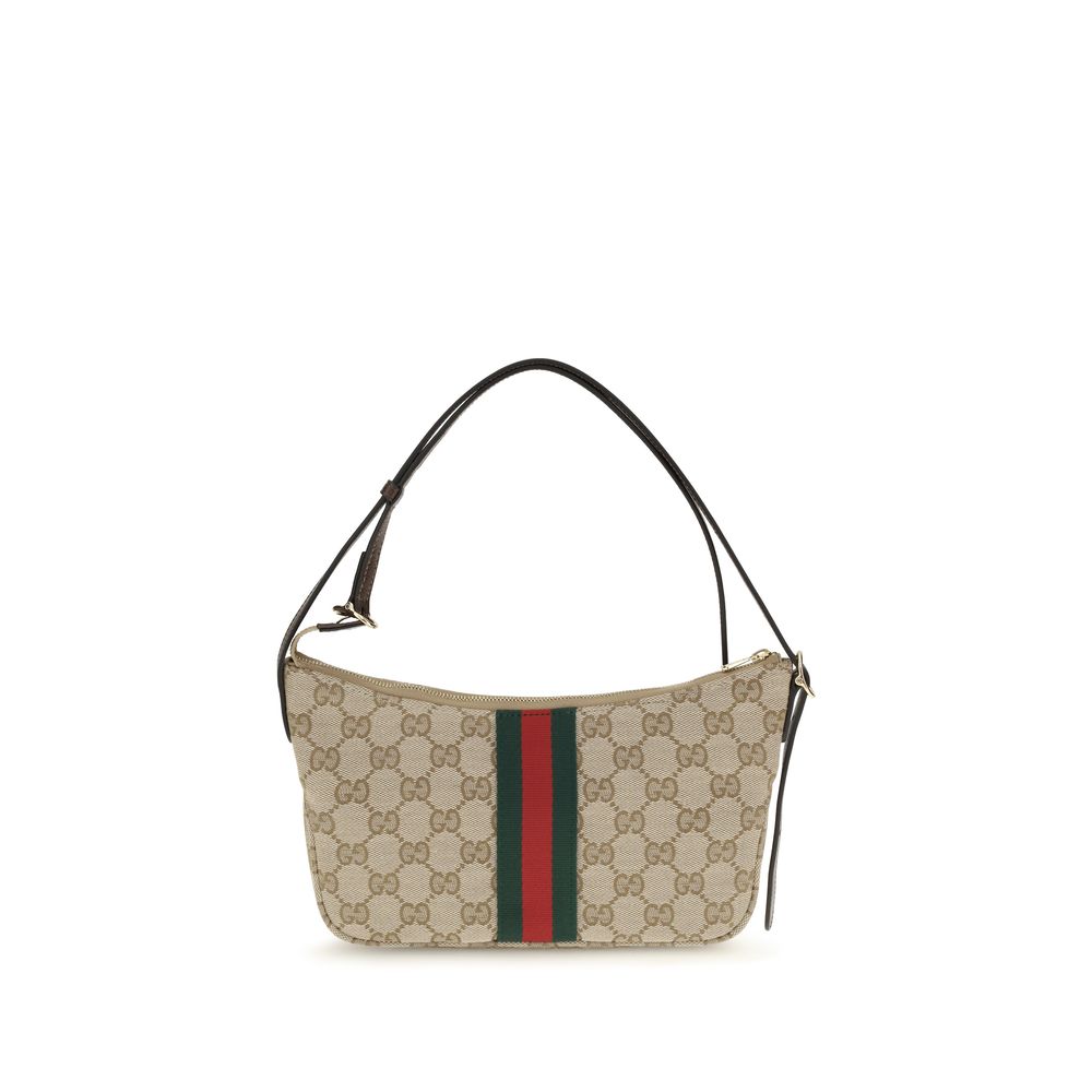 Sac à bandoulière en polyester beige de Gucci, vue de face avec détails du design élégant et logo de la marque.