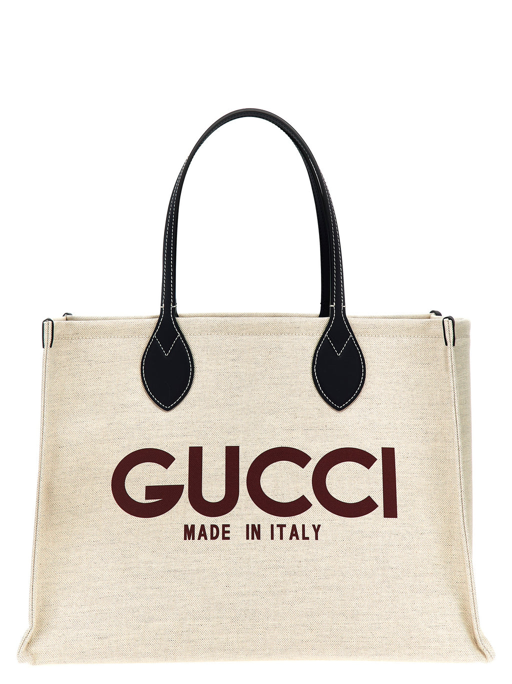Sac à main Gucci beige en polyéthylène, sac fourre-tout élégant avec poignées, visible de face.