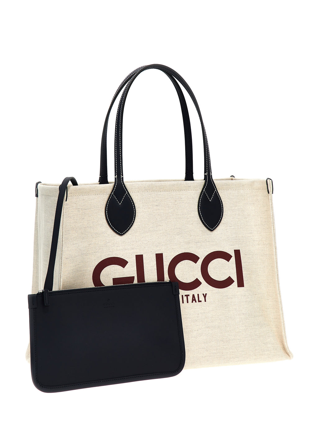 Sac cabas en polyéthylène beige de Gucci, avec logo emblématique, vue de face, pour un style élégant et pratique.