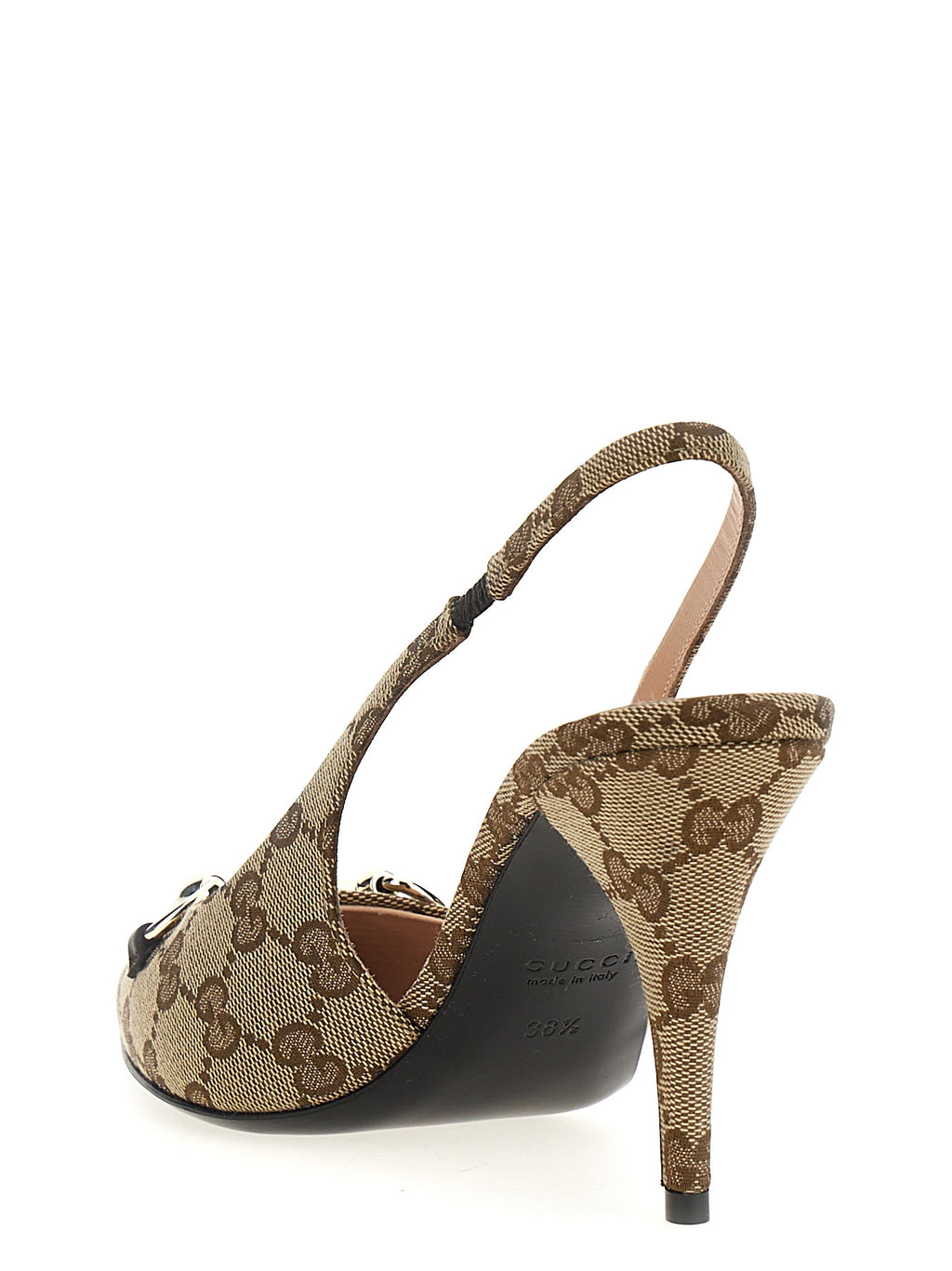 Chaussures Gucci beige en polyester à talons hauts, élégantes et sophistiquées, vues de face sur fond neutre.