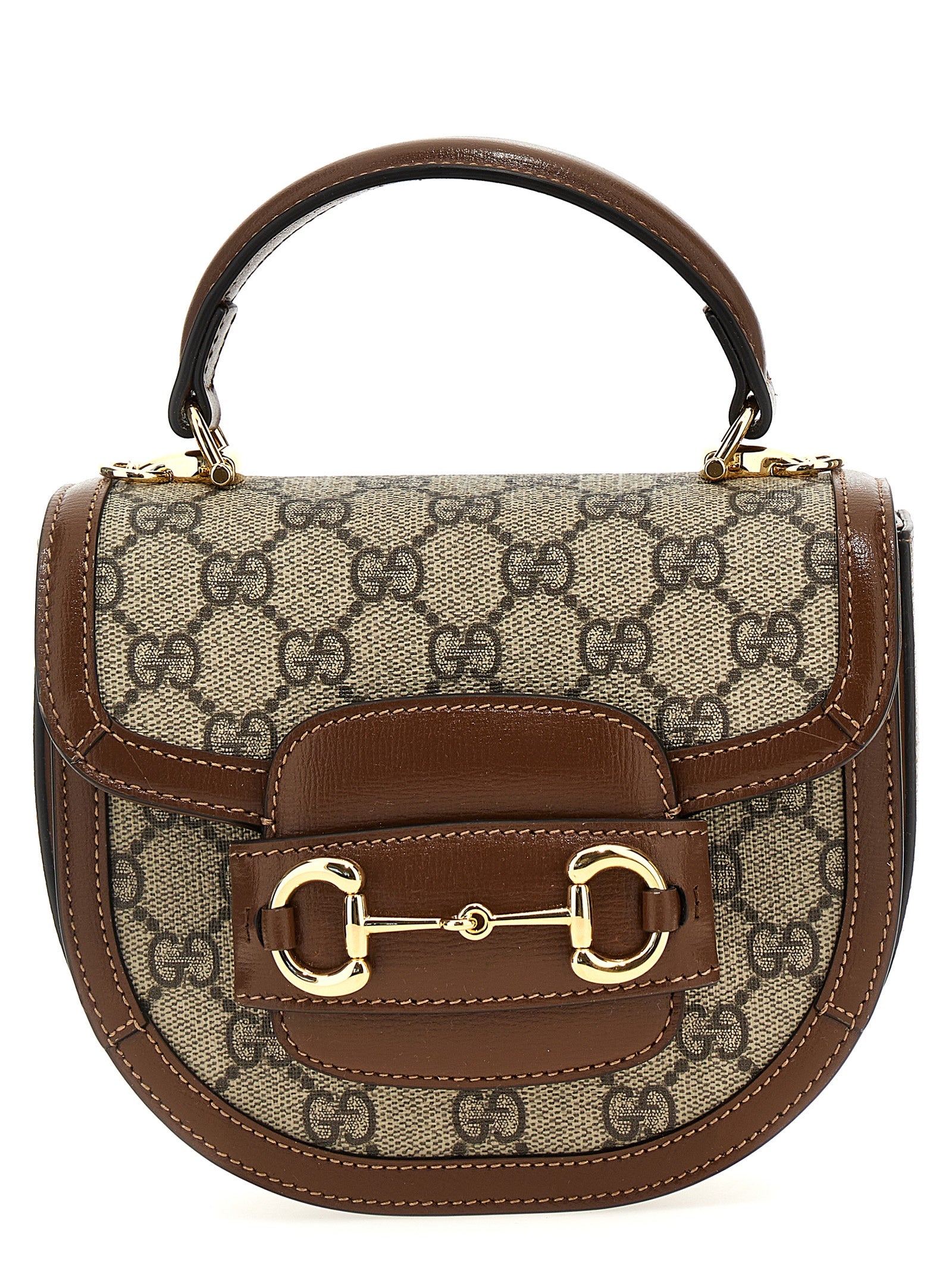 Sac à main Gucci en polyéthylène marron avec poignée, design élégant et moderne, visible de face dans l'image.