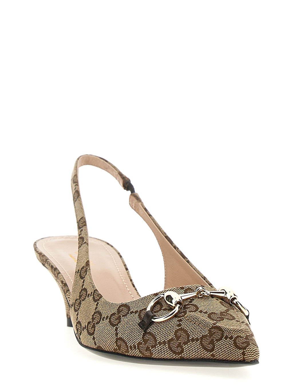 Chaussures Gucci beige en polyester à talon moyen, élégantes et confortables, vues de côté sur un fond neutre.