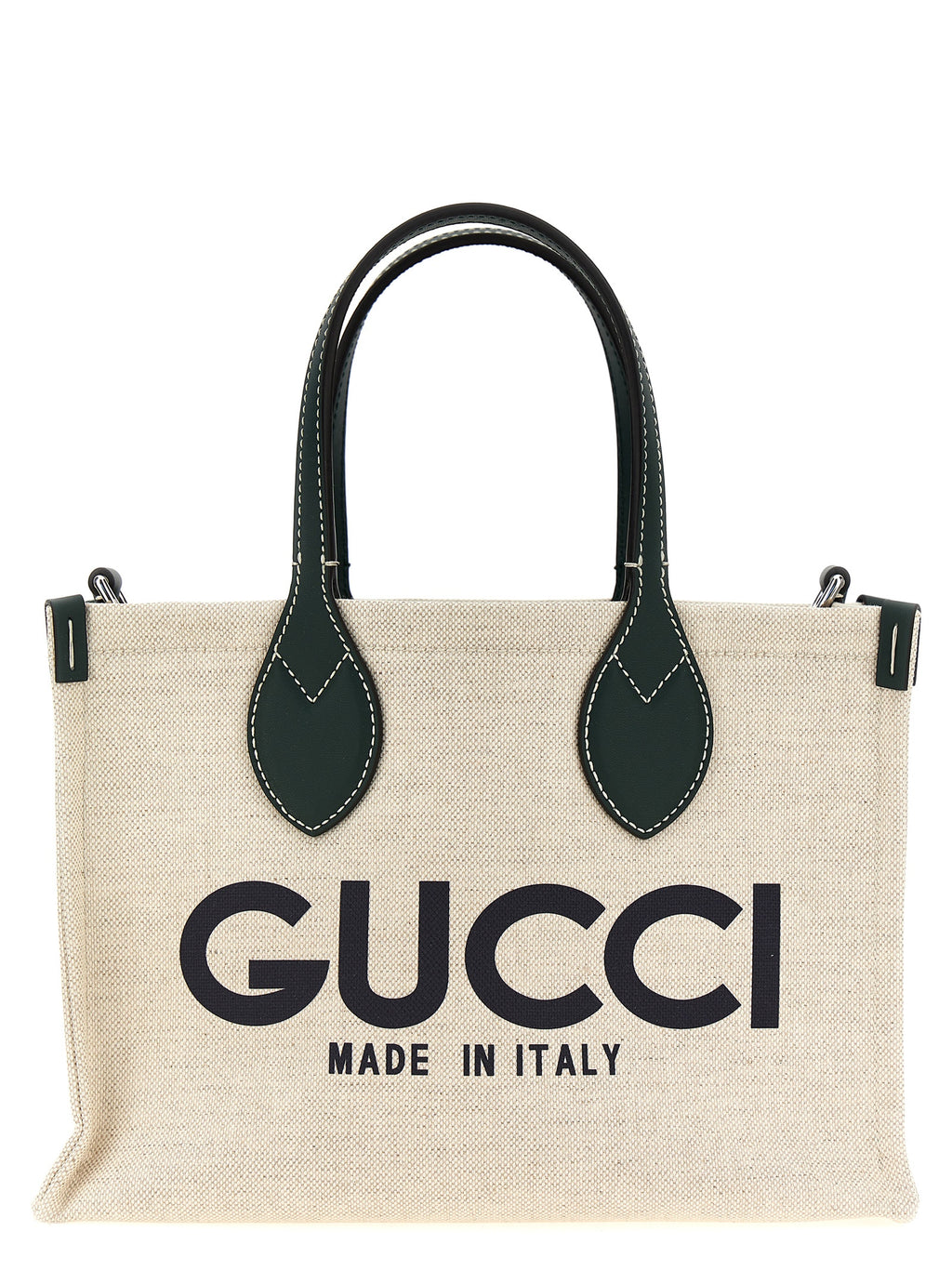 Sac Gucci en polyéthylène multicolore, grand modèle avec poignées, vue de face sur fond neutre.