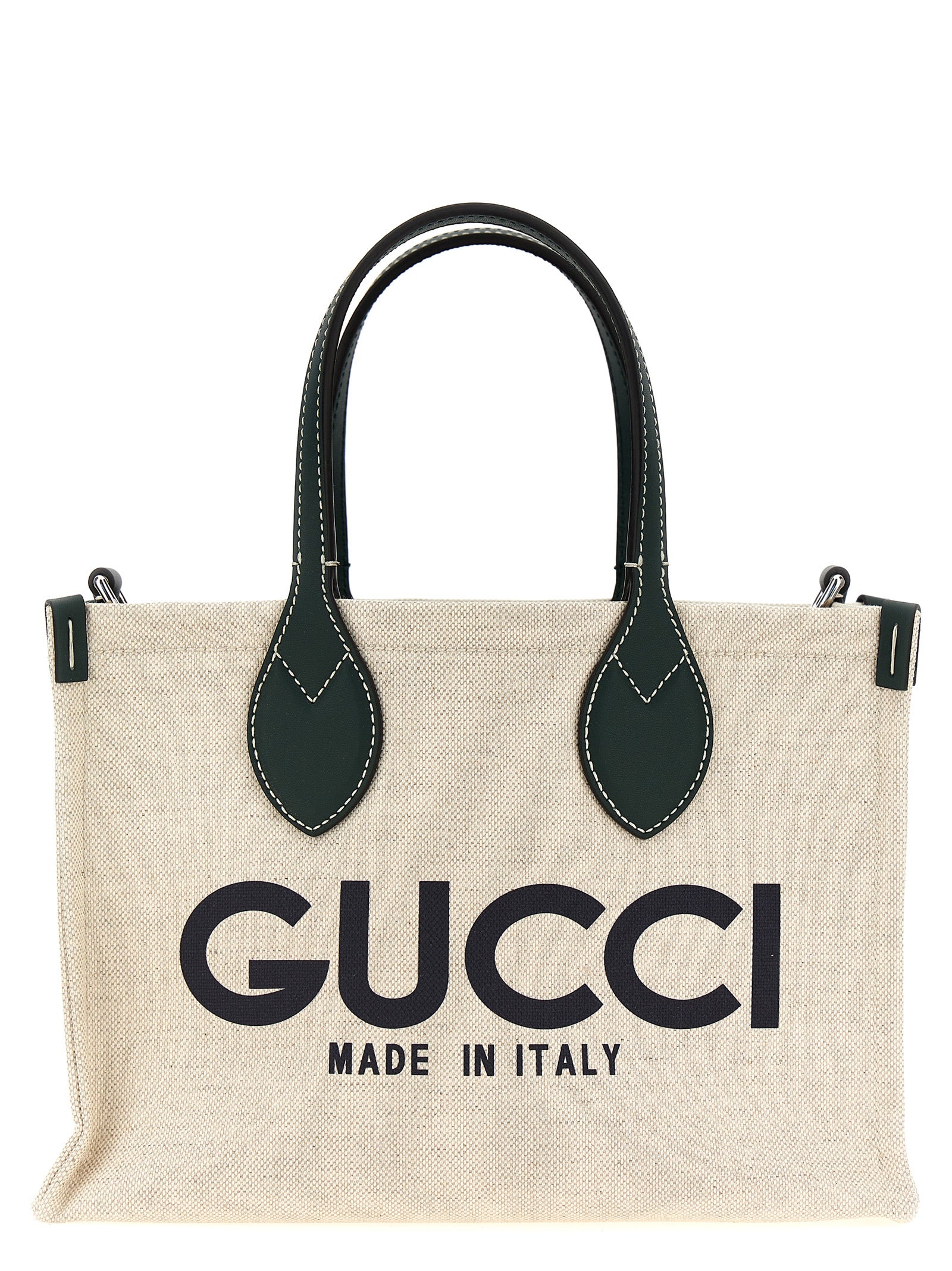 Sac Gucci en polyéthylène multicolore, grand modèle avec poignées, vue de face sur fond neutre.
