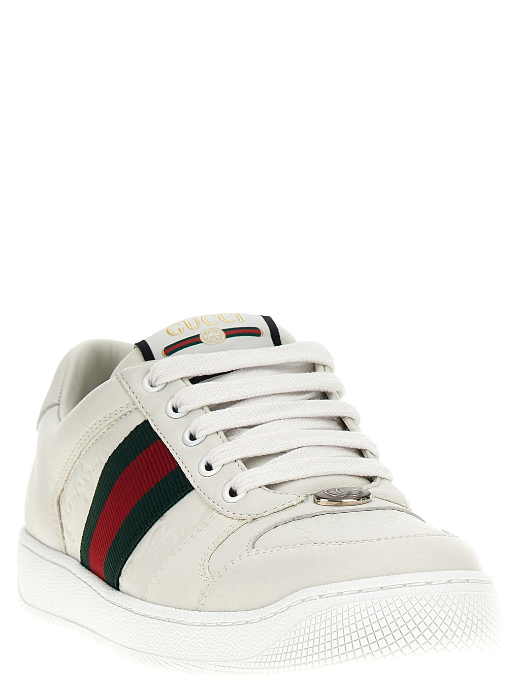 Chaussures Gucci en cuir d'agneau blanc, sneakers basses élégants avec détails sophistiqués, pour un style moderne et raffiné.