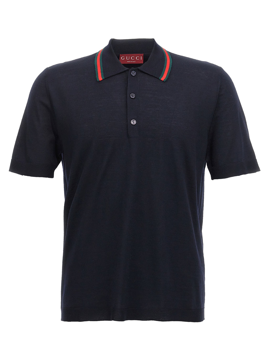 Chemise polo en laine bleue Gucci avec col et boutons, vue de face, élégante et chic pour un style raffiné.