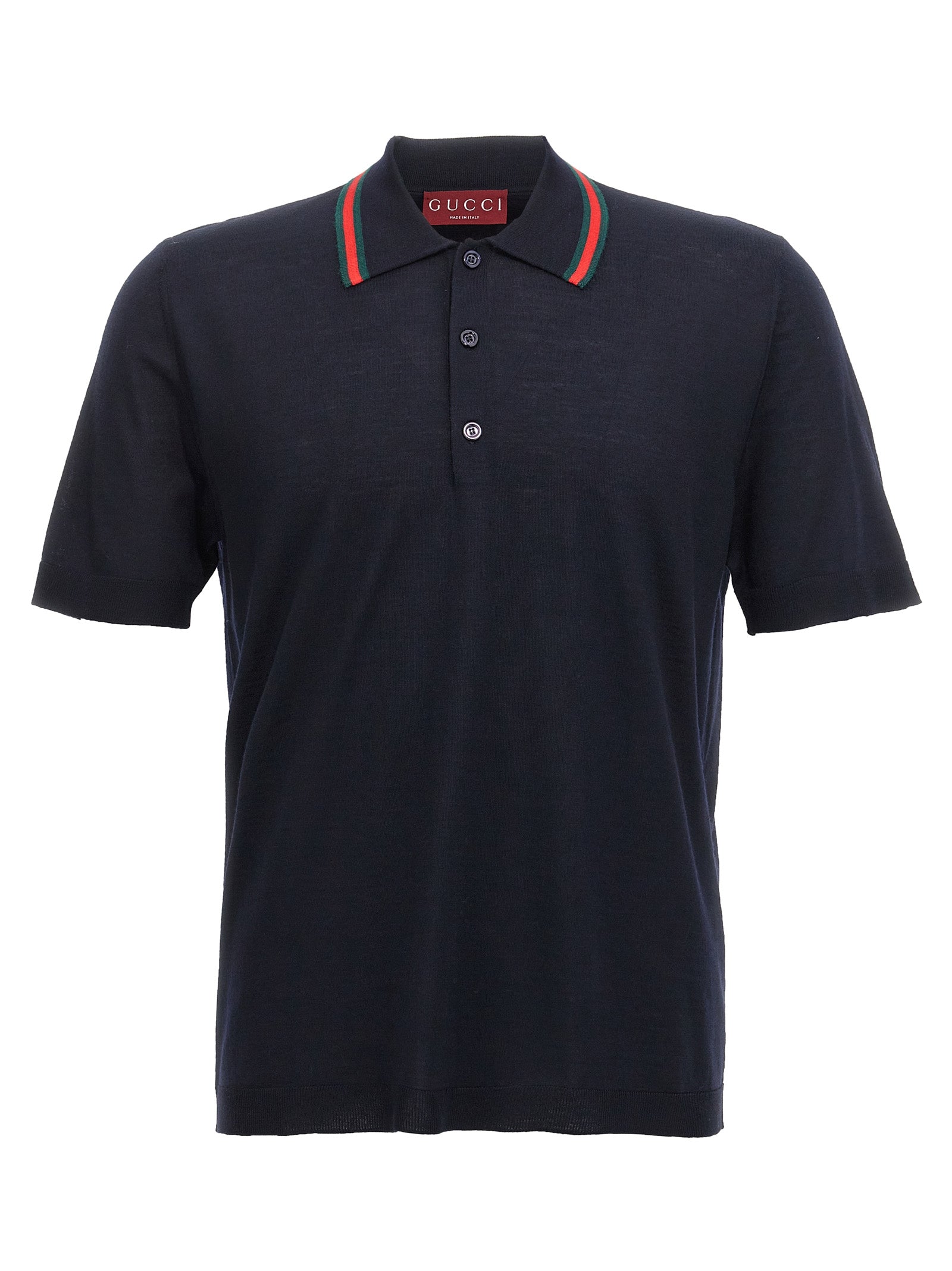 Chemise polo en laine bleue Gucci avec col et boutons, vue de face, élégante et chic pour un style raffiné.