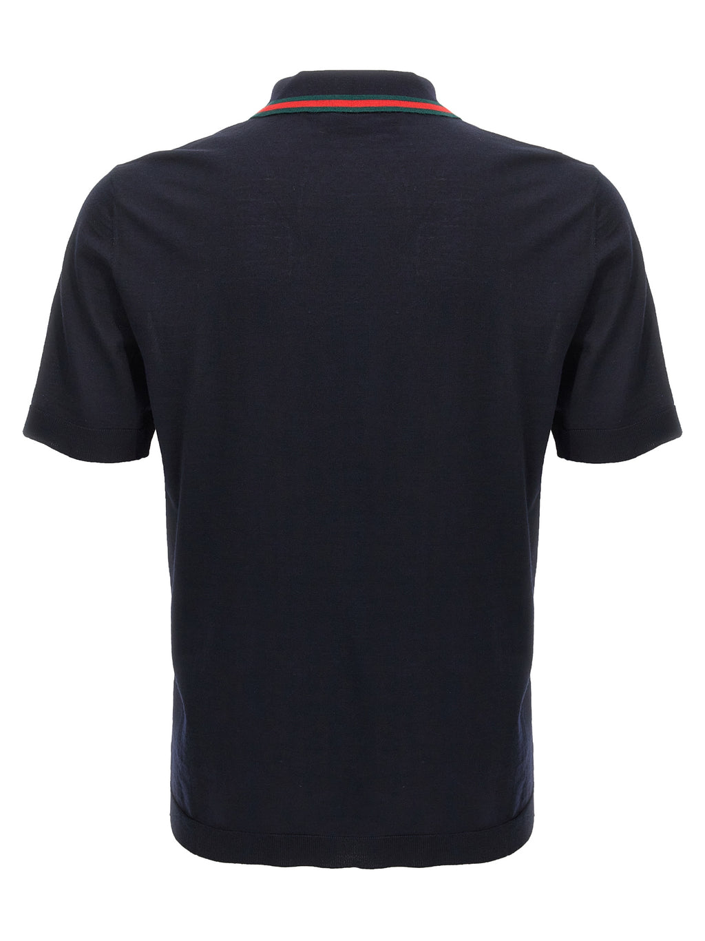 Chemise polo en laine bleue Gucci, vue de face avec col et logo Gucci visible, tissu doux et élégant.
