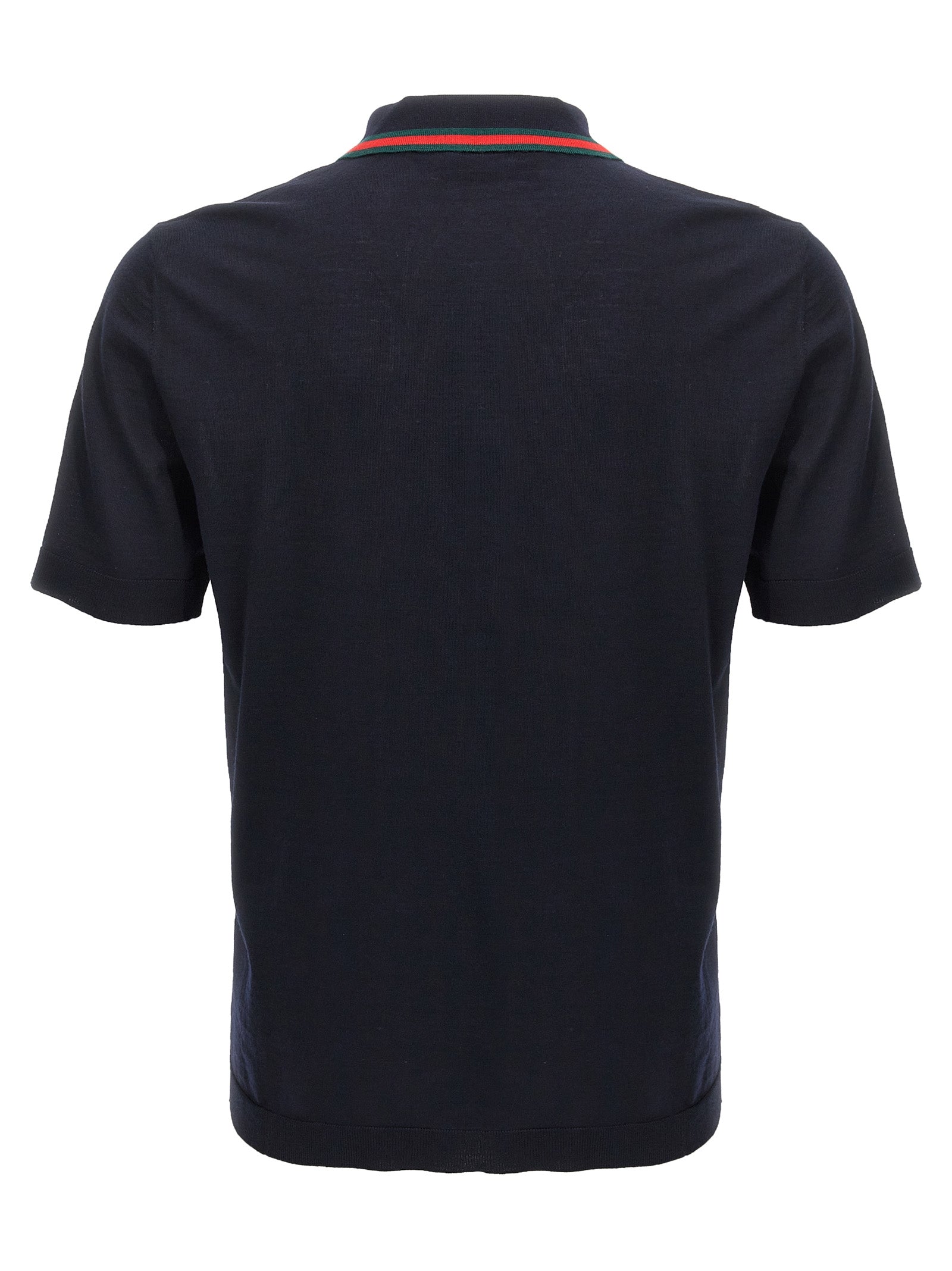 Chemise polo en laine bleue Gucci, vue de face avec col et logo Gucci visible, tissu doux et élégant.
