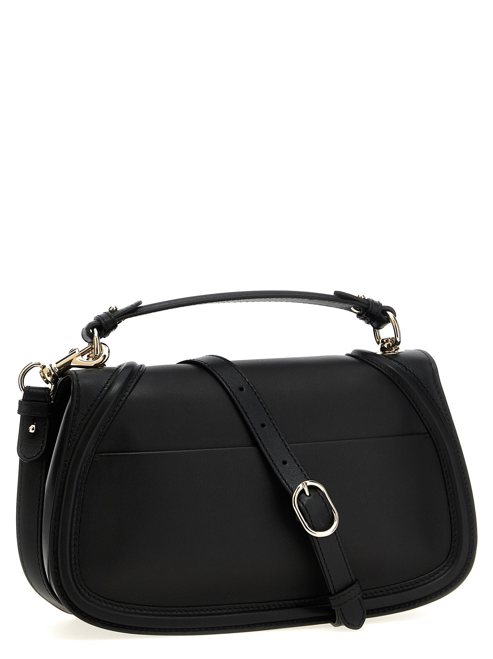 Sac à main Gucci en cuir de veau noir, élégant et sophistiqué, avec détails en or et fermeture métallique.