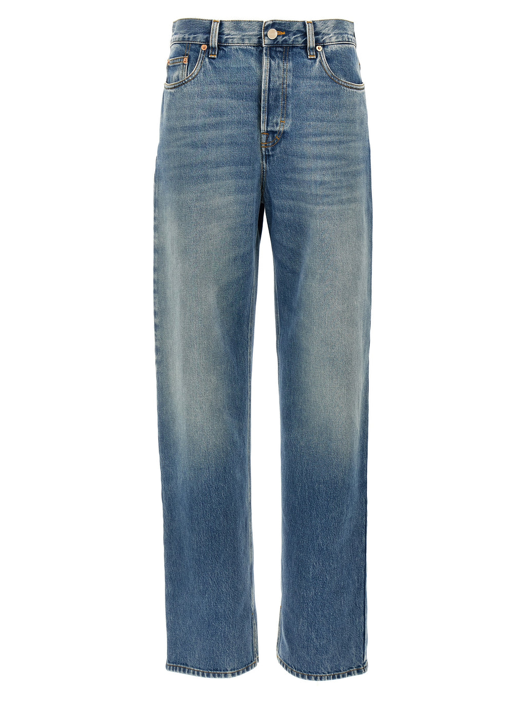 Jeans boyfriend en coton bleu de marque Gucci, coupe décontractée et détails modernes, vues en gros plan.