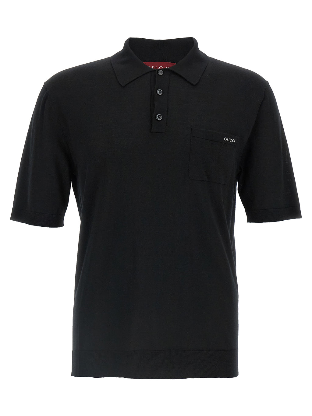 Chemise polo en laine noire Gucci, vue en détail, avec col et logo Gucci visible.