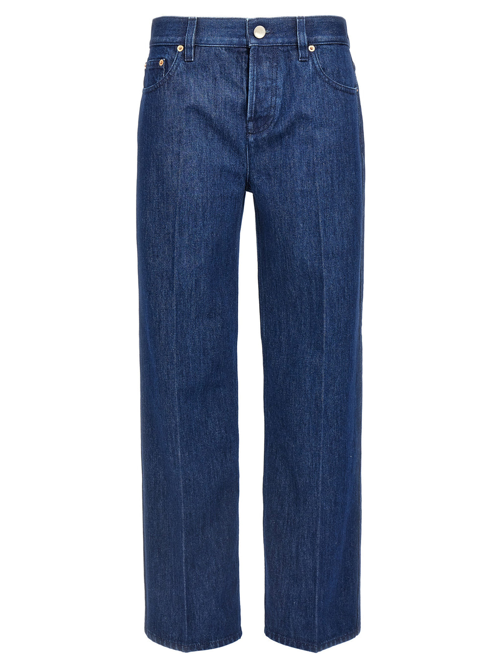 Jeans droits en coton bleu Gucci, style classique, visible en détail sur l'image.