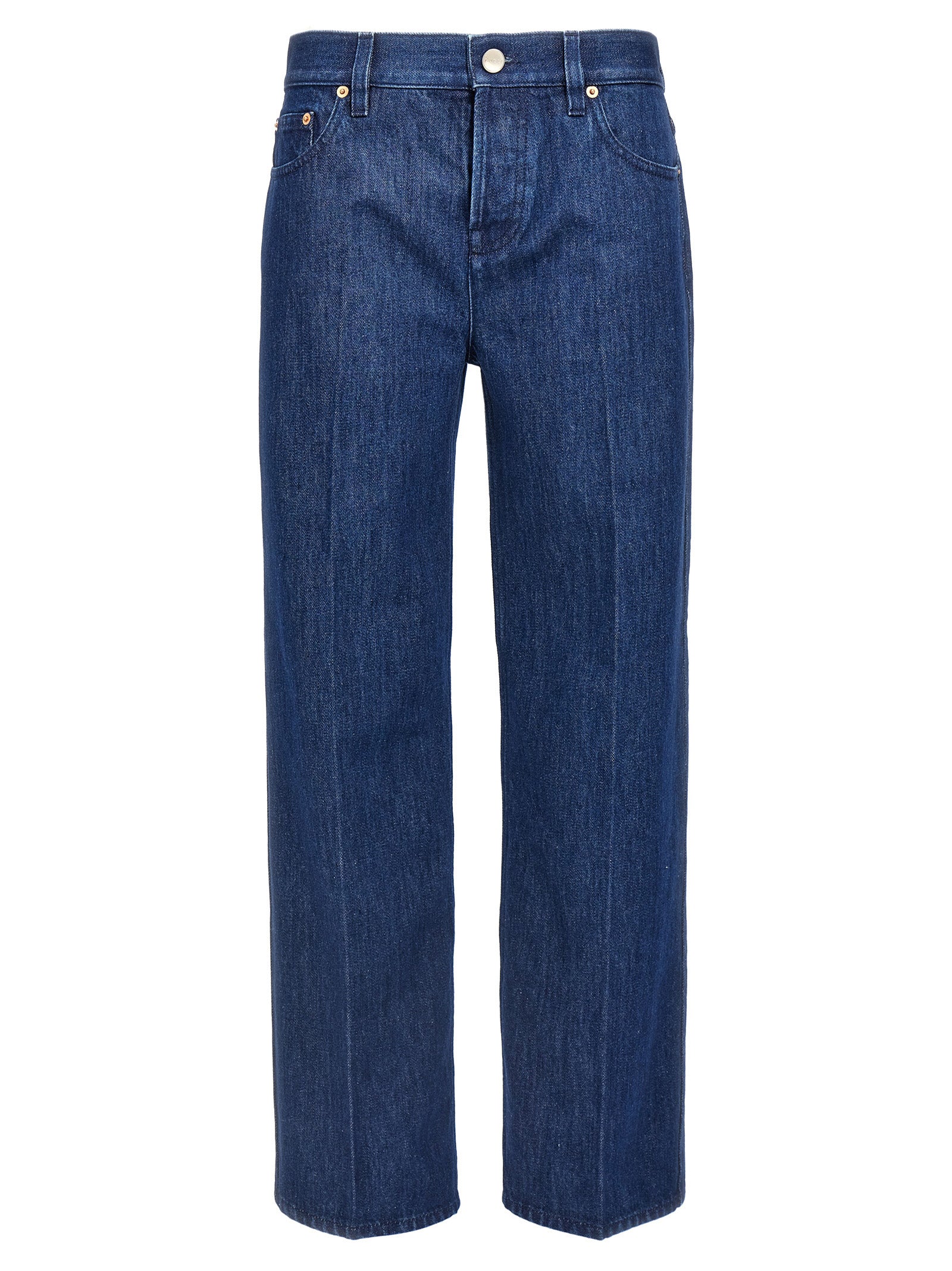 Jeans droits en coton bleu Gucci, style classique, visible en détail sur l'image.