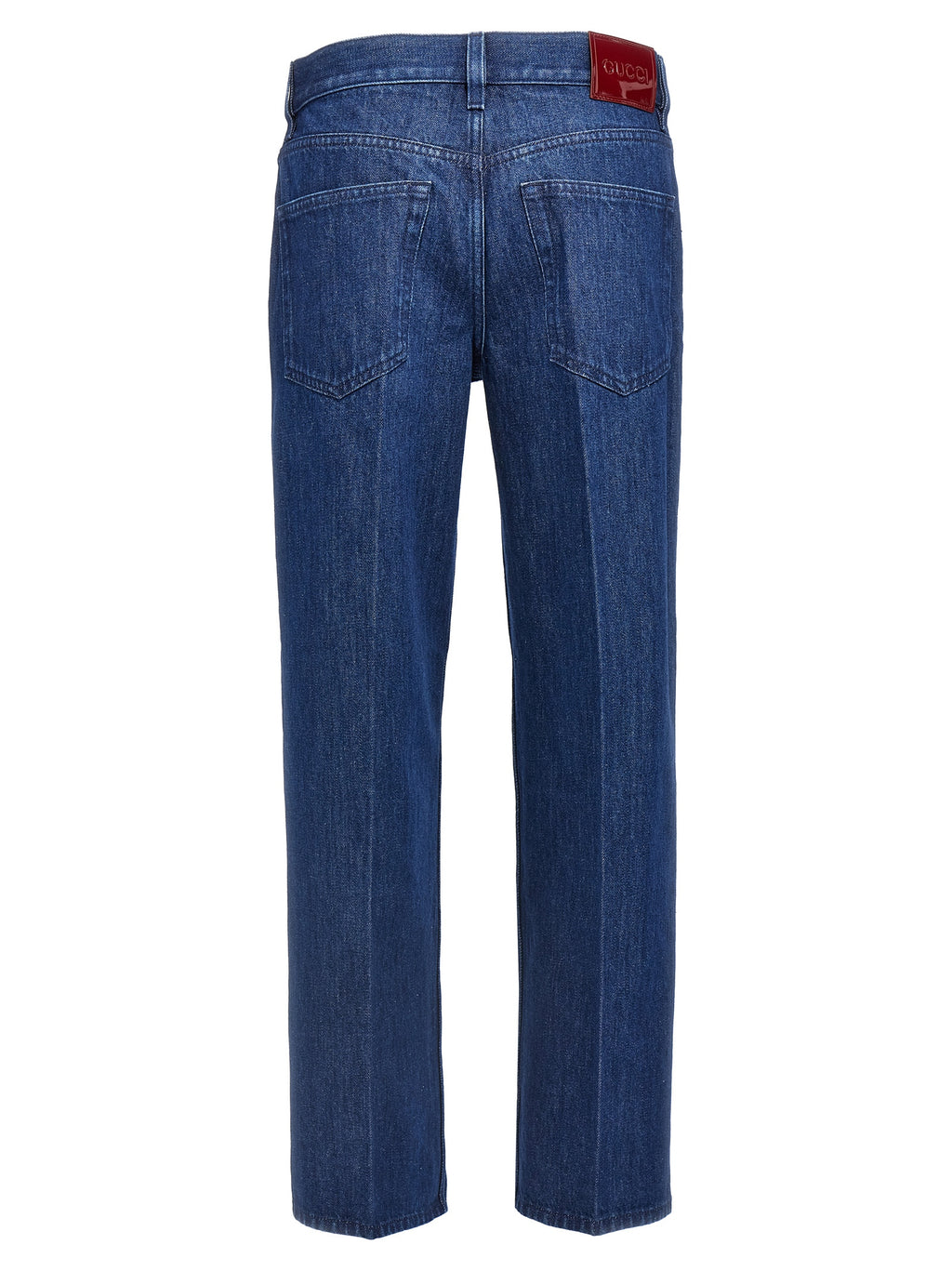 Jeans droits en coton bleu Gucci, style classique, avec détails de couture visibles sur le produit.