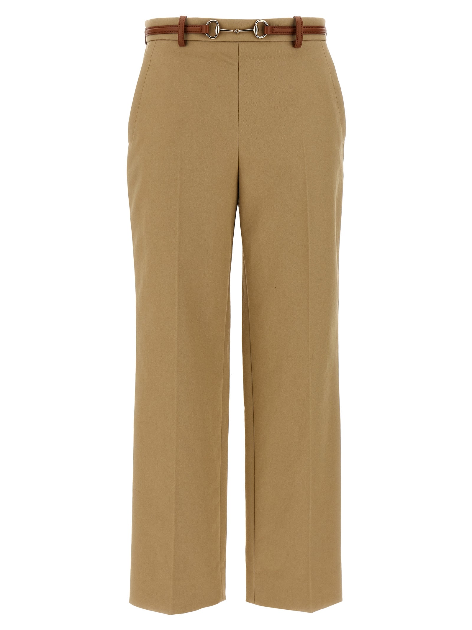 Pantalon décontracté en coton beige de Gucci, coupe confortable, porté avec des détails élégants.