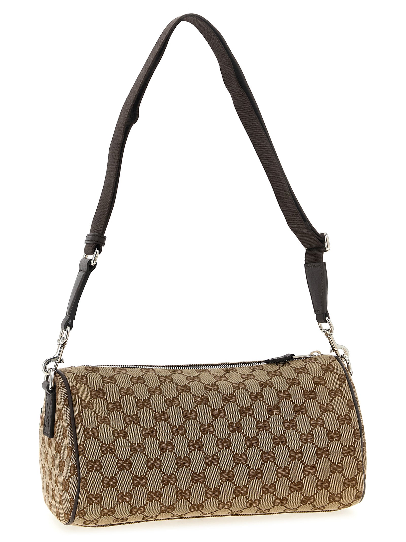 Sac bandoulière en polyester beige de Gucci, avec logo emblématique et détails élégants, idéal pour un style sophistiqué.