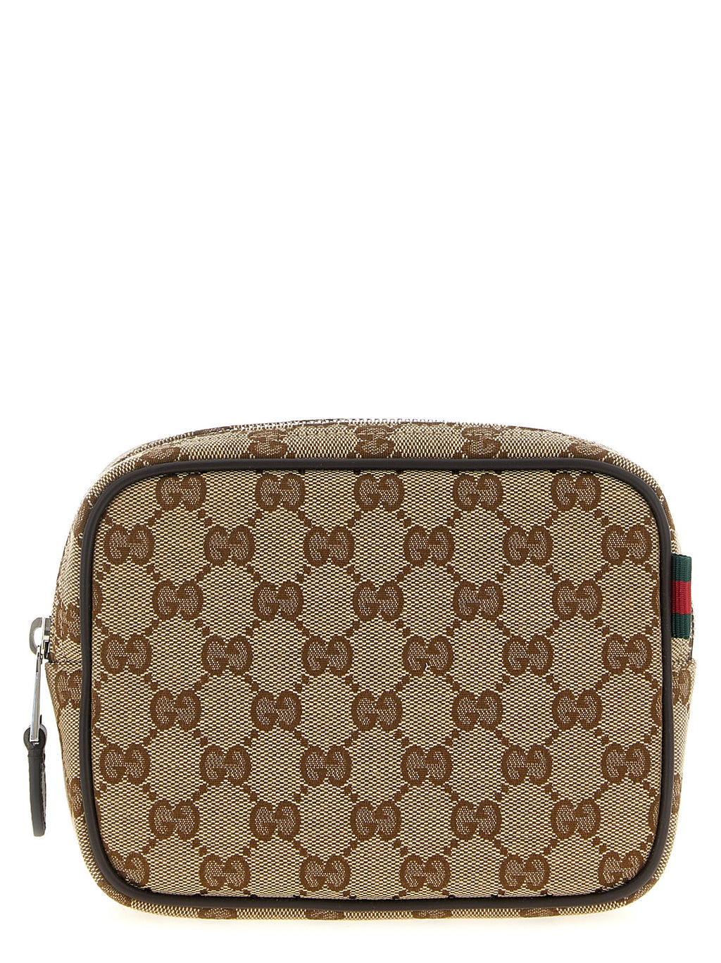 Sac à main bandoulière en polyester beige de Gucci, avec logo emblématique, visible en détail.
