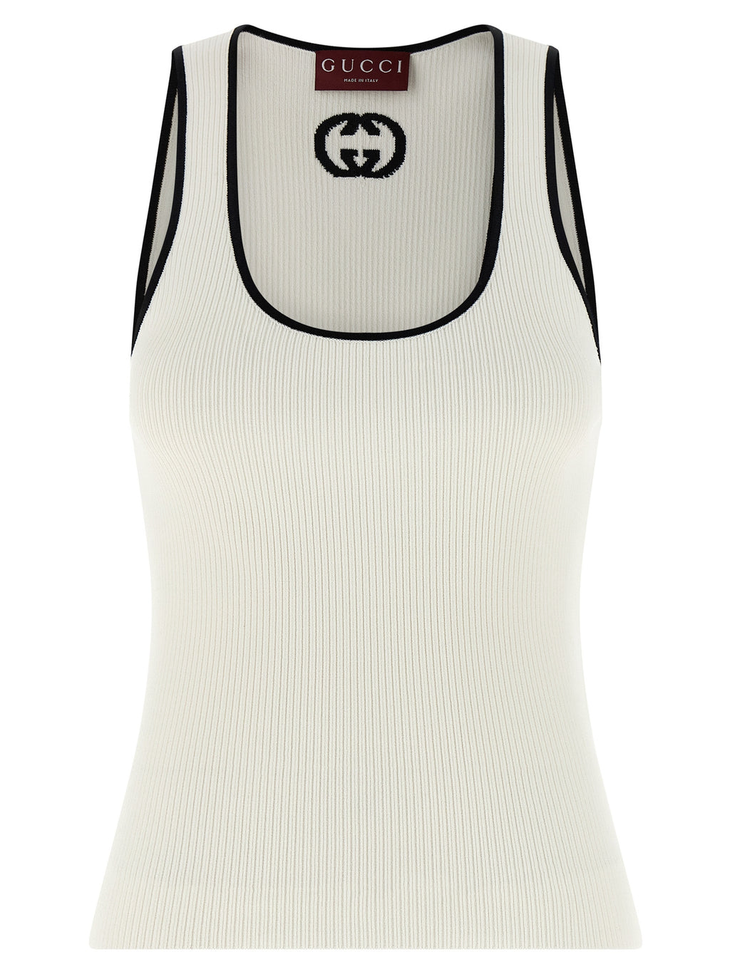 T-shirt sans manches Gucci bicolore en viscose, avec design élégant et détails modernes, porté par un mannequin.
