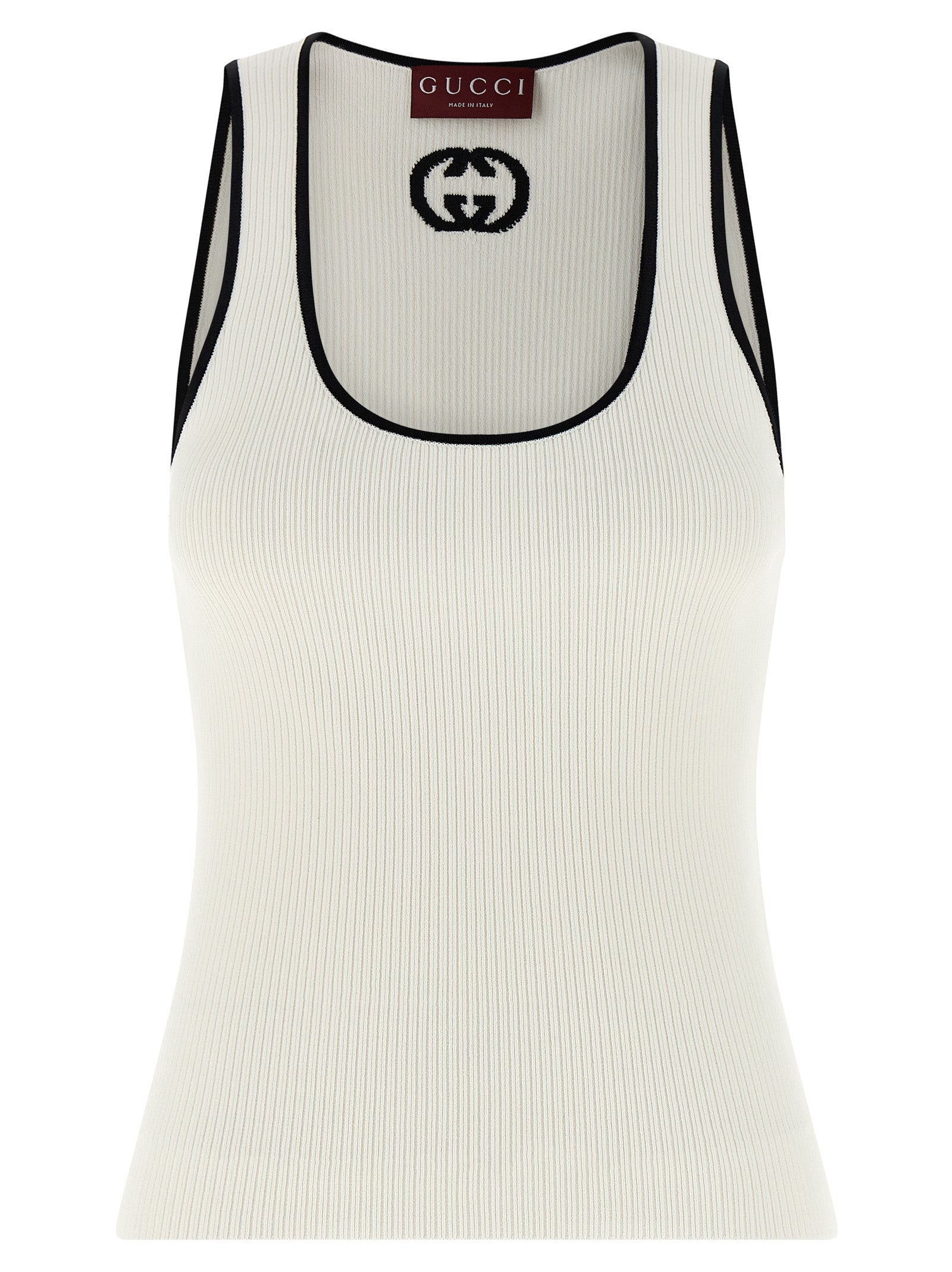 T-shirt sans manches Gucci bicolore en viscose, avec design élégant et détails modernes, porté par un mannequin.