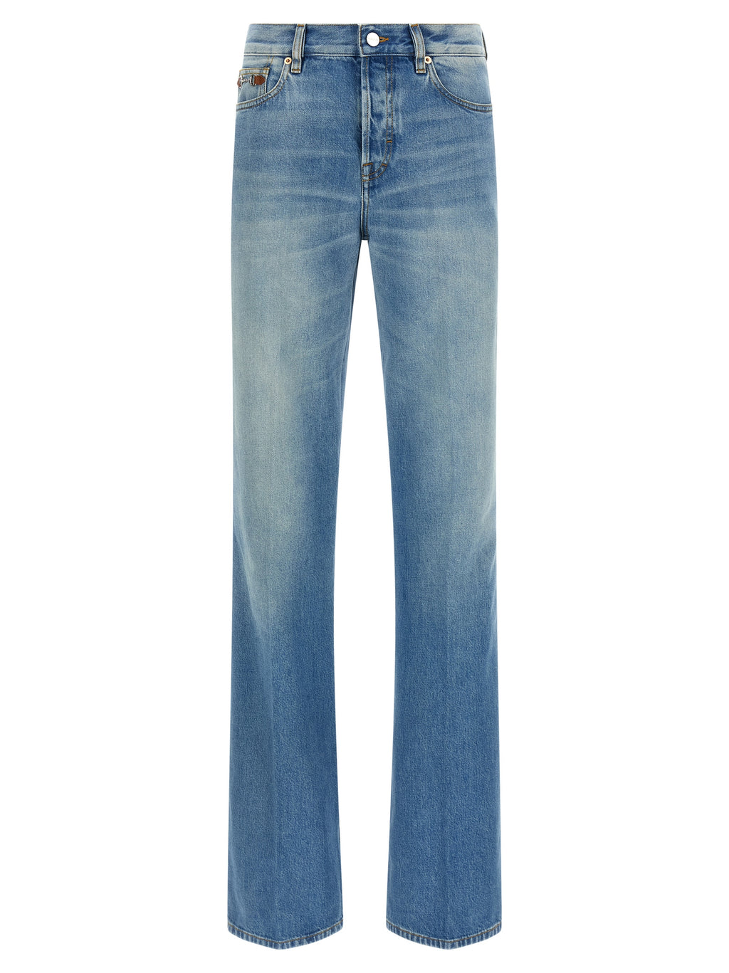 Pantalon Gucci en coton bleu à jambe évasée, style décontracté, visible sur l’image.