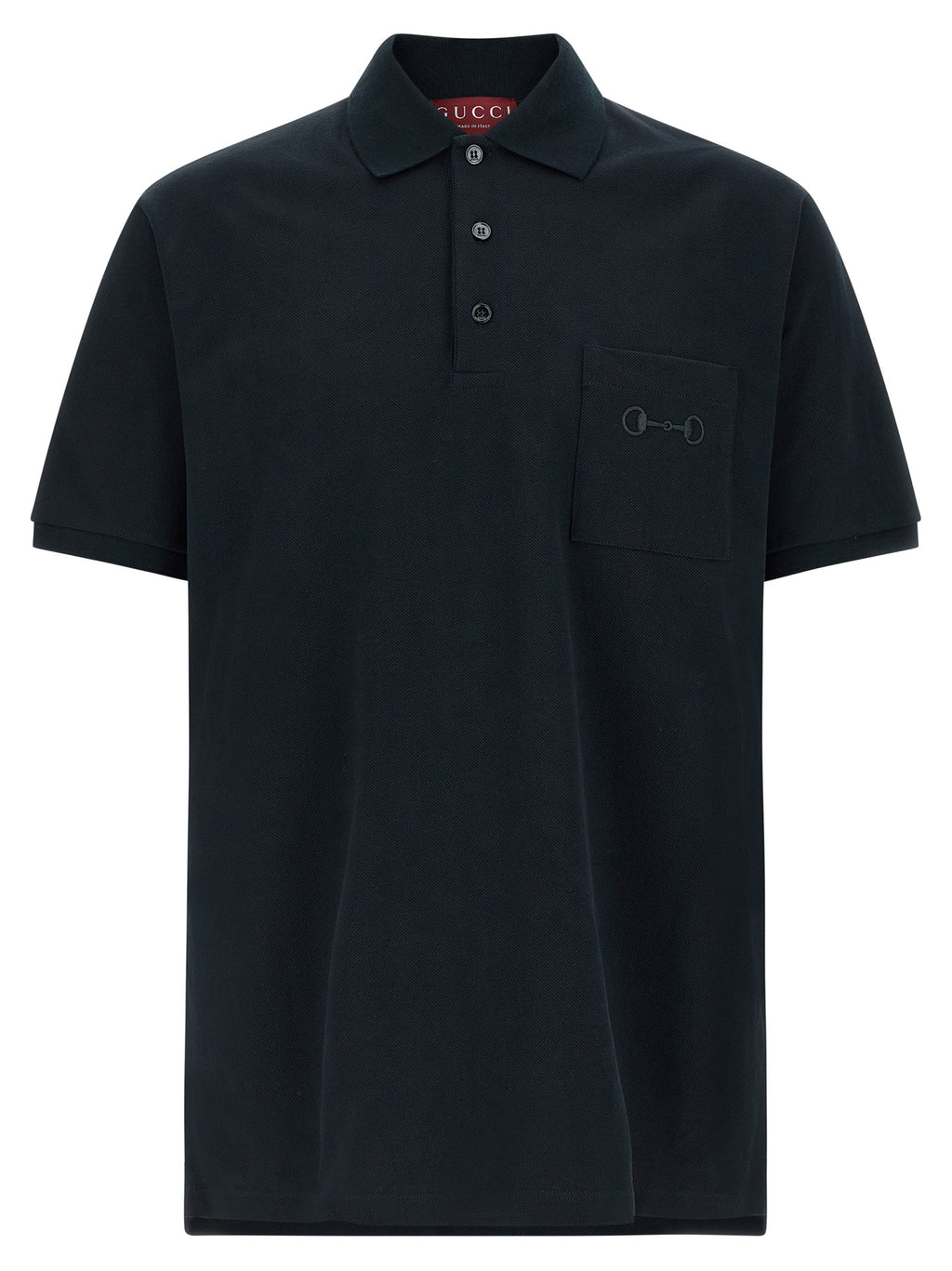 Chemise polo en coton bleu Gucci, vue de face, avec col et logo Gucci visible.
