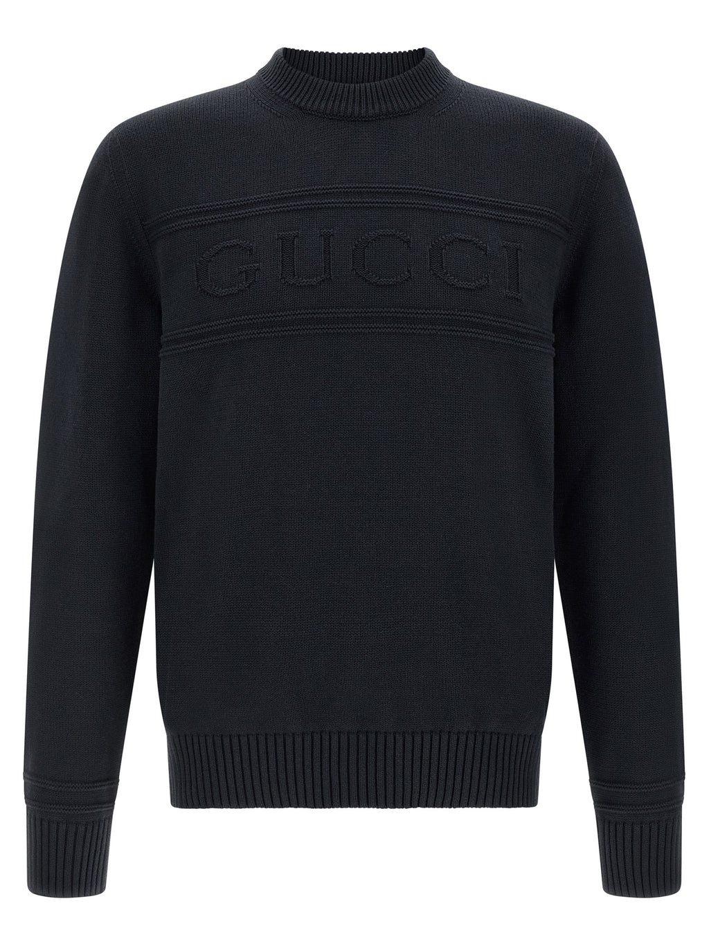 Cardigan en coton bleu Gucci, manches longues, détails élégants, porté sur un mannequin.