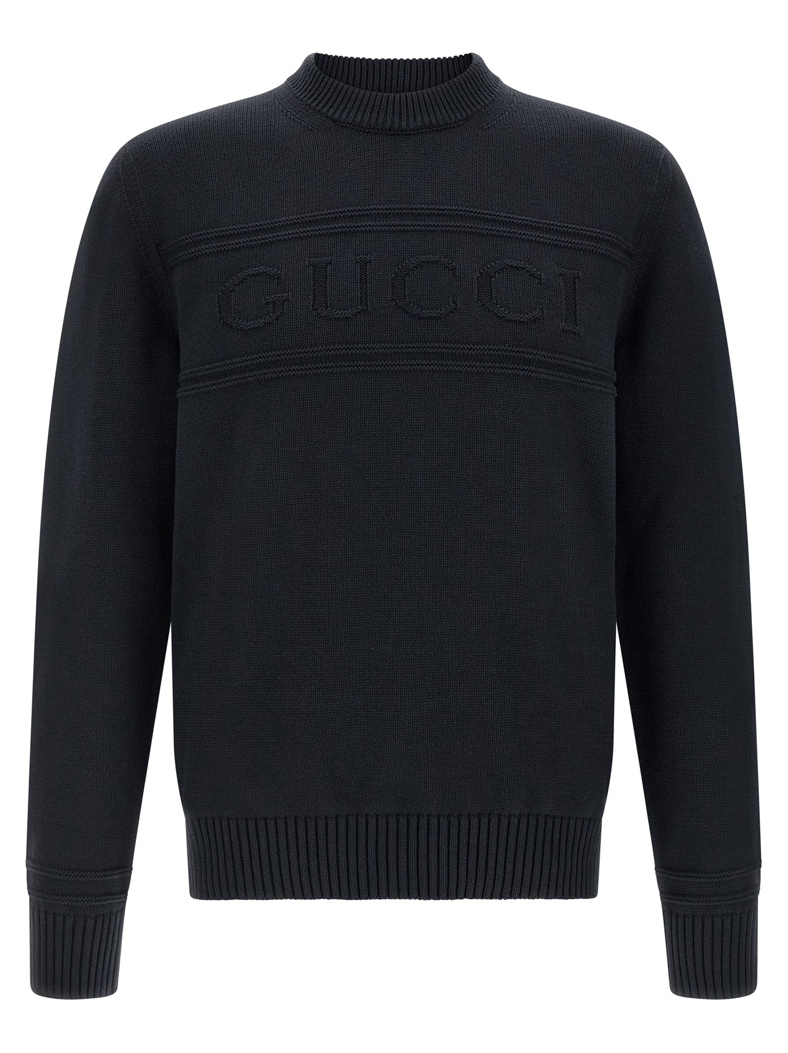 Cardigan en coton bleu Gucci, manches longues, détails élégants, porté sur un mannequin.