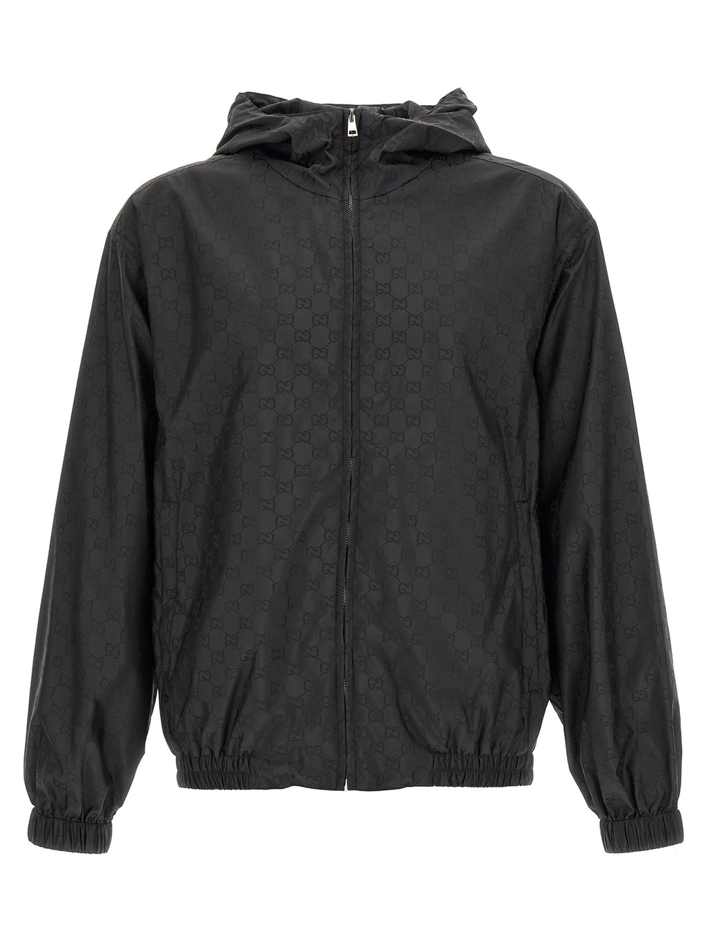Veste Gucci en polyamide noire, coupe moderne avec fermeture éclair et col haut, vue de face.