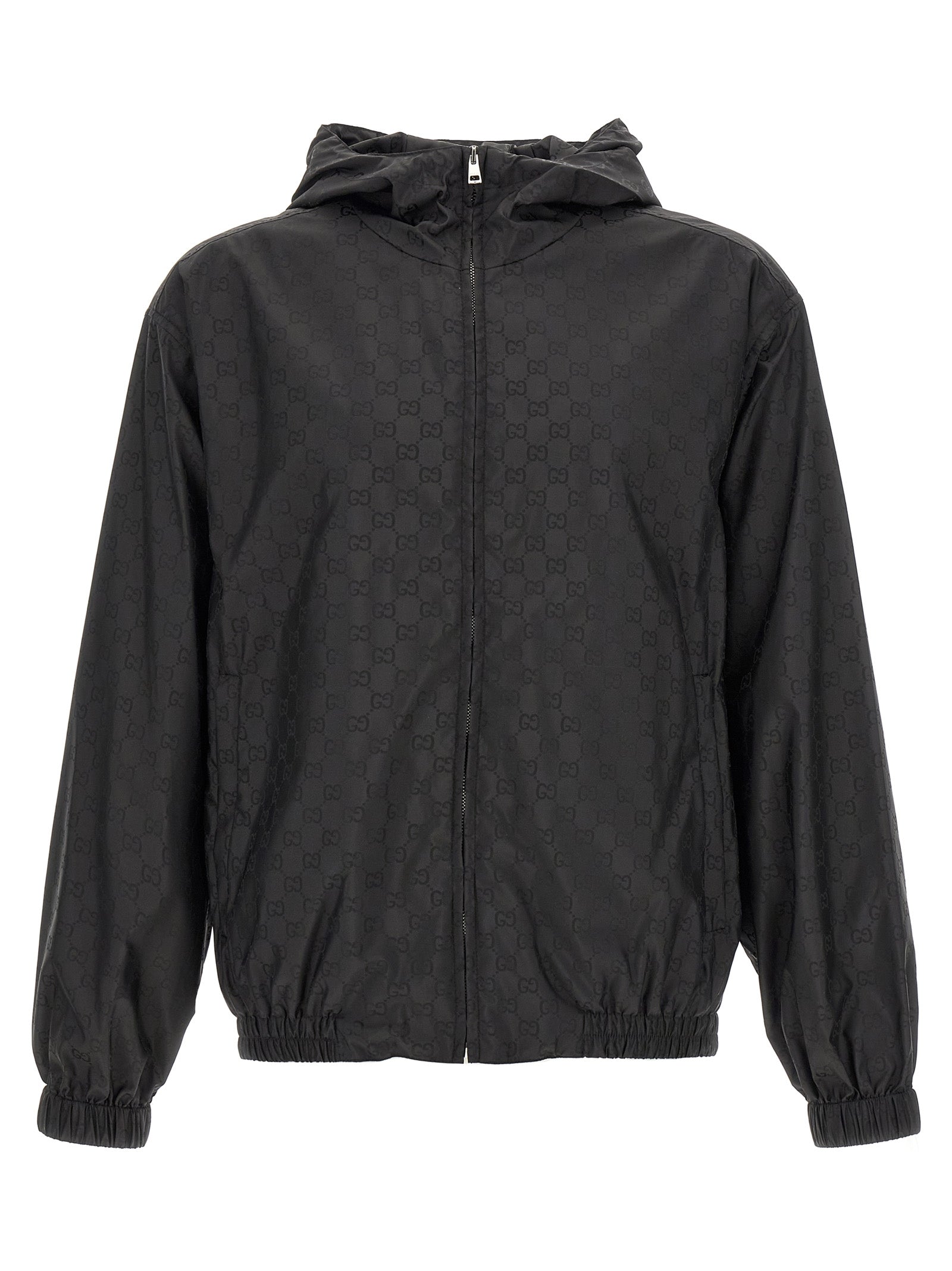 Veste Gucci en polyamide noire, coupe moderne avec fermeture éclair et col haut, vue de face.