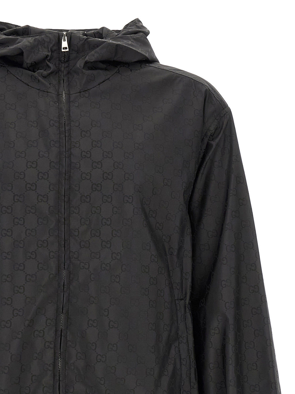 Veste en nylon noir Gucci pour homme, coupe classique avec fermeture éclair et col montant, style décontracté.