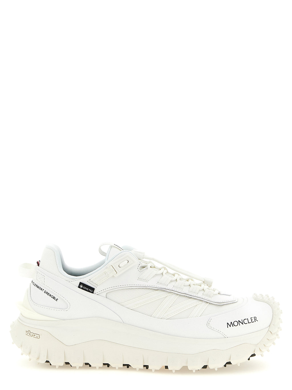 Chaussures de sport blanches en cuir Moncler, baskets athlétiques modernes et élégantes, vues de face sur fond neutre.