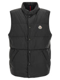 Veste sans manches en polyamide noire Moncler, légère et résistante, avec logo distinctif visible sur la poitrine.