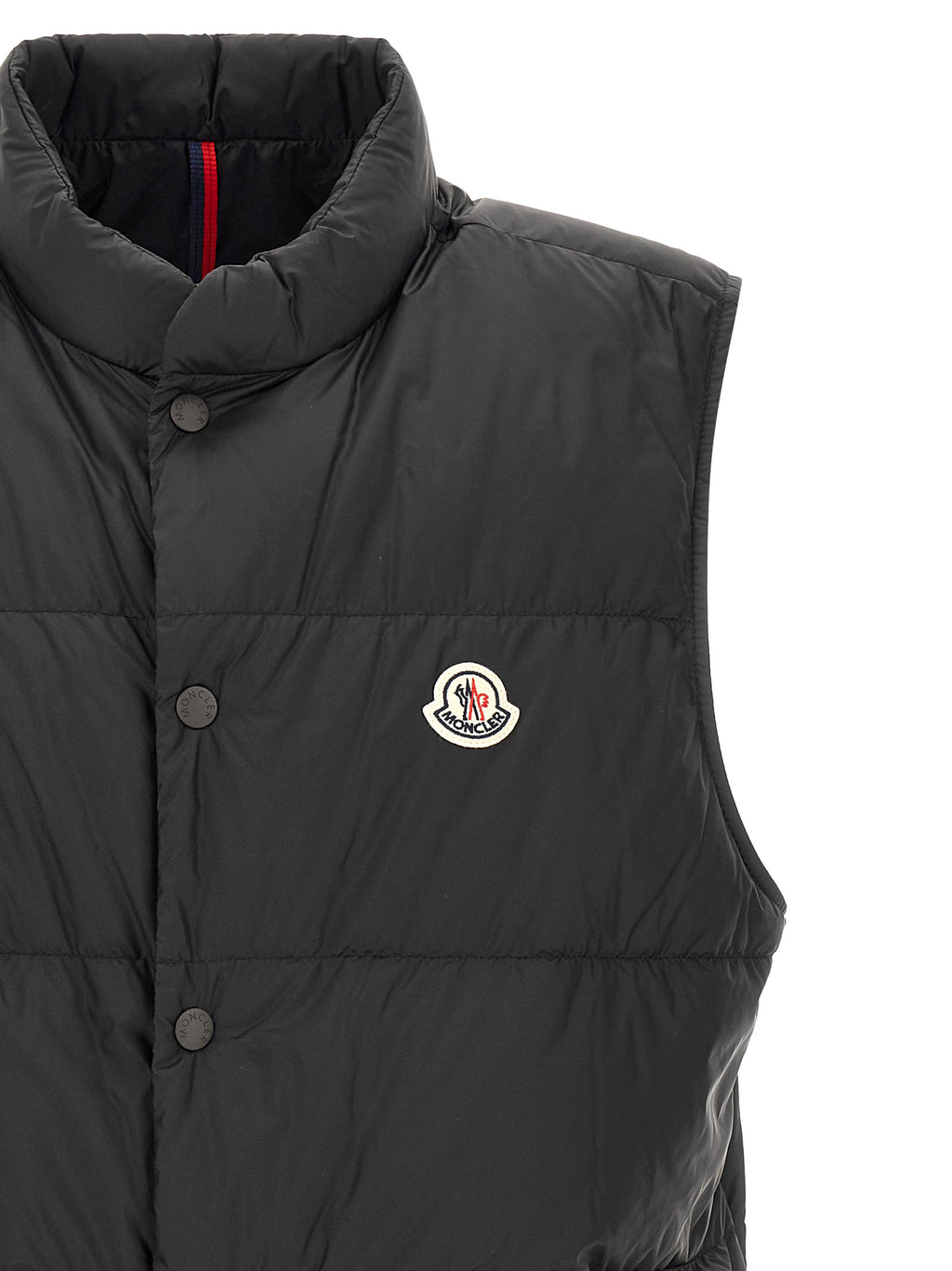 Veste sans manches en polyamide noire de Moncler, style élégant et léger, visible en détail dans l'image.