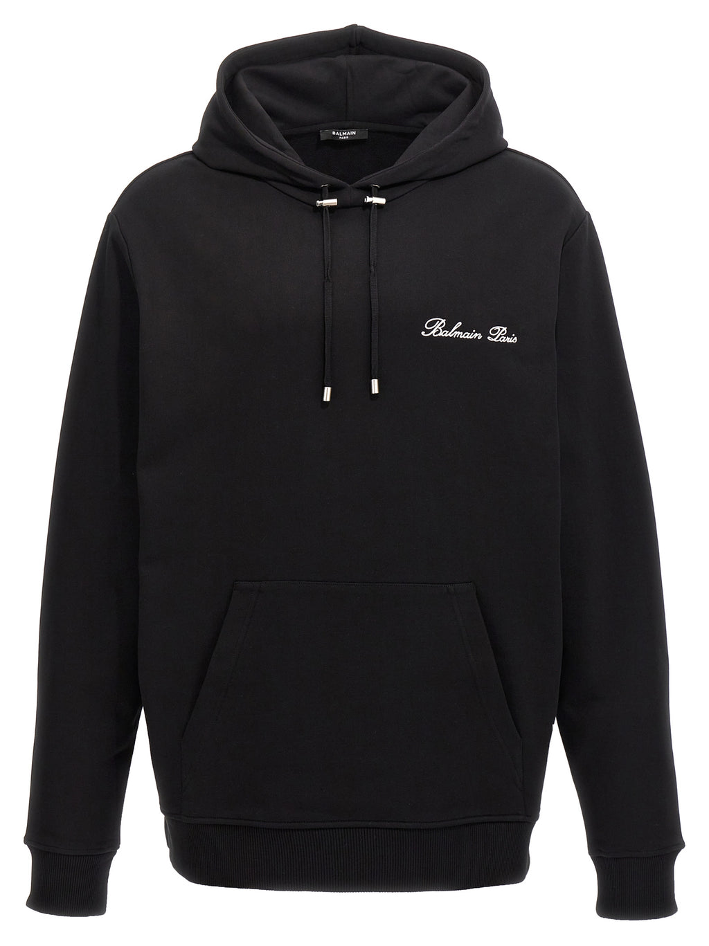 Sweat-shirt en coton noir de Balmain, style décontracté, avec logo discret sur la poitrine, porté sur un mannequin.