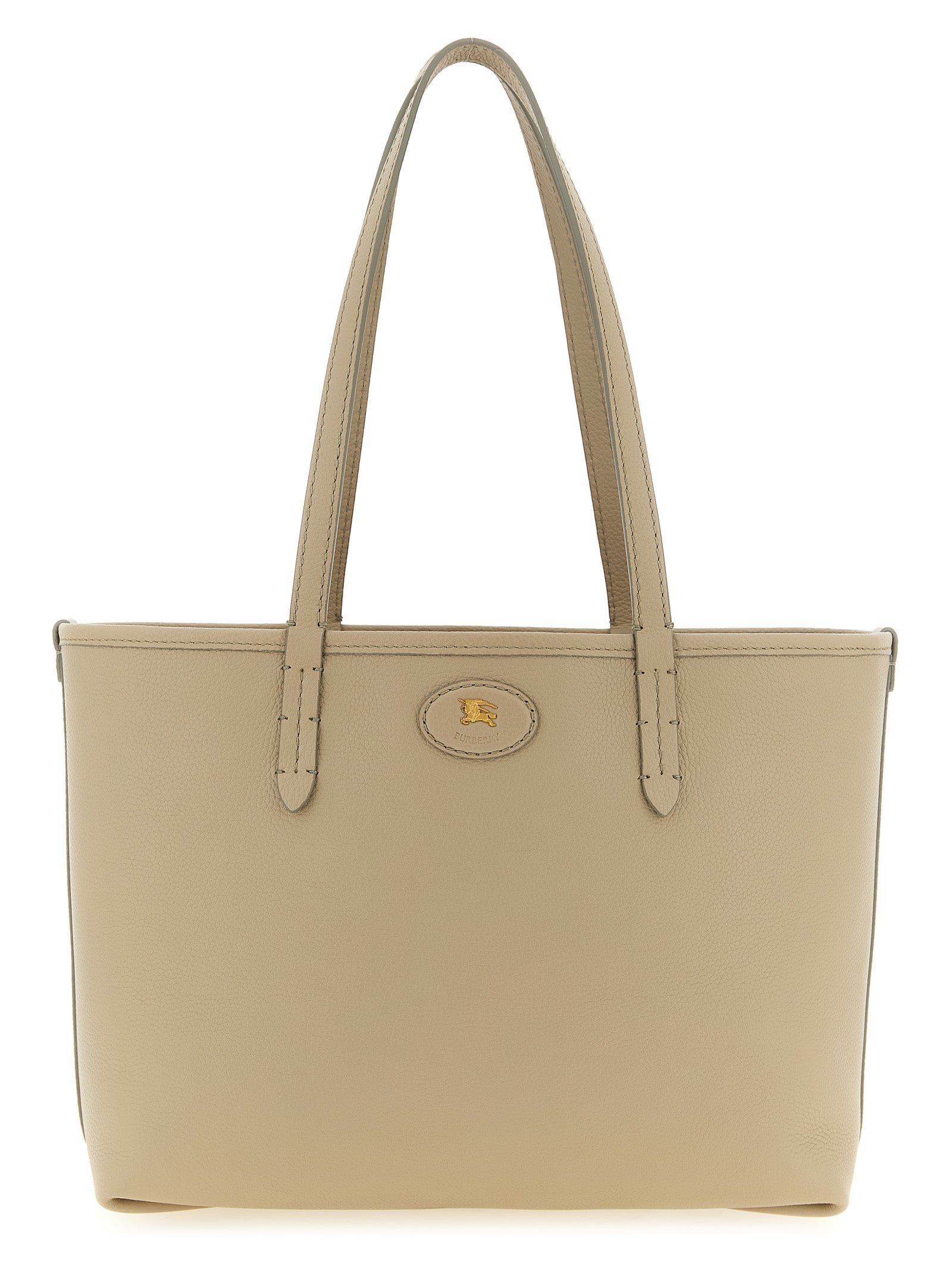 Sac à main tote en cuir de veau beige de Burberry, élégant et spacieux, avec logo emblématique visible.