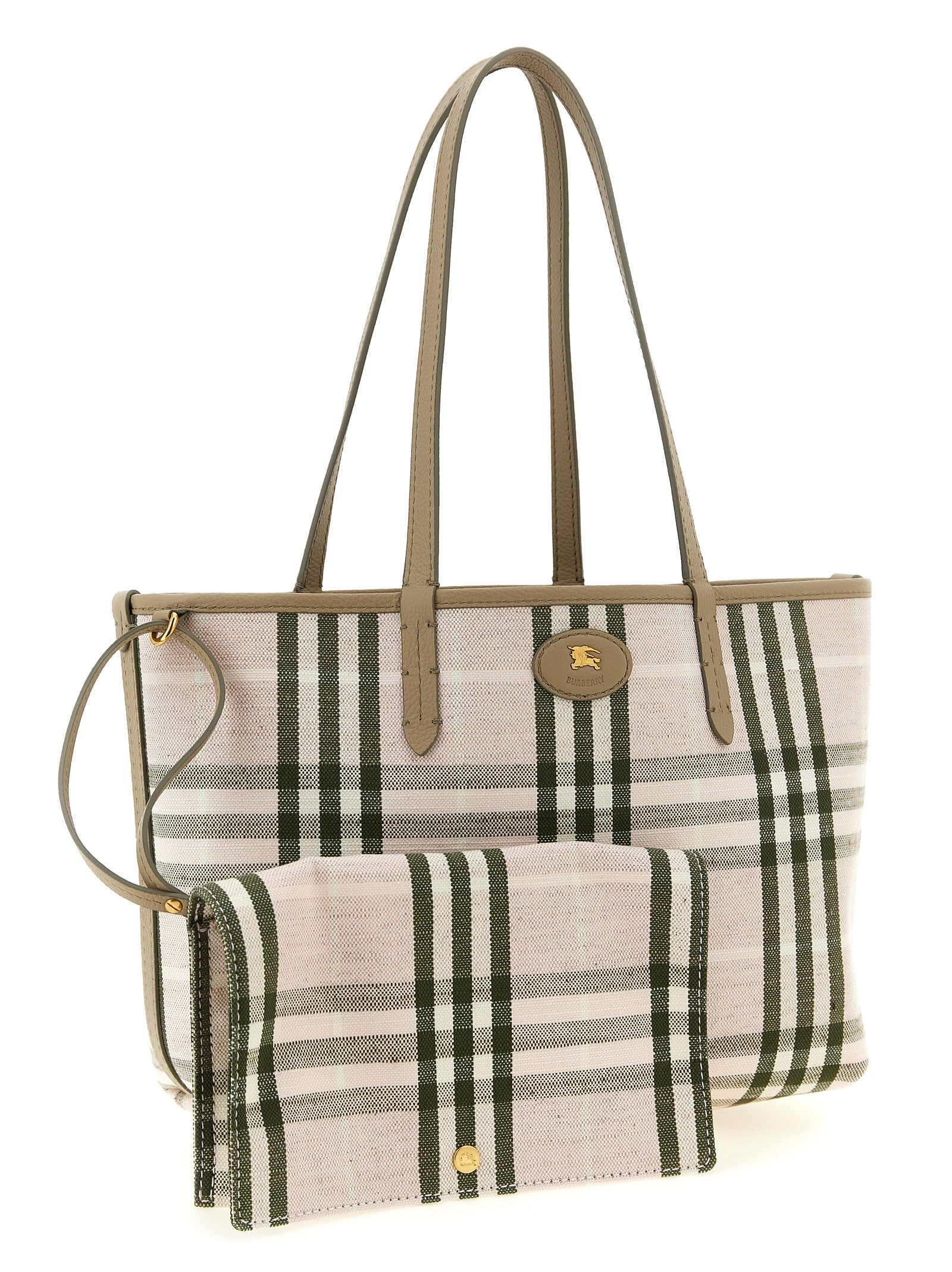 Sac à main tote beige en cuir de veau de Burberry, élégant et spacieux, avec logo emblématique sur le devant.