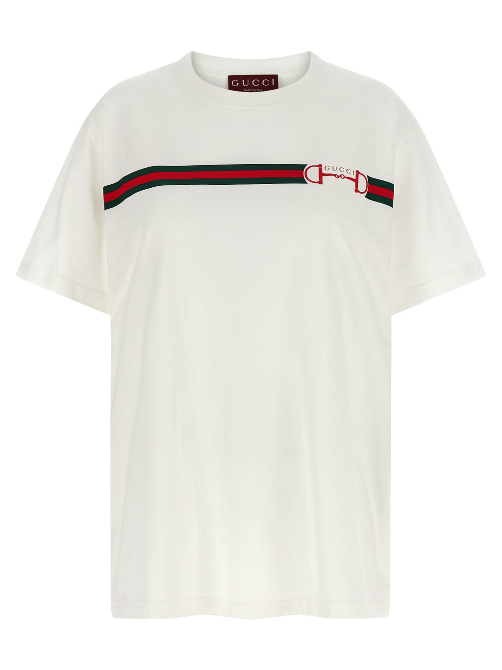 T-shirt blanc en coton de la marque Gucci, coupe classique avec logo Gucci visible sur la poitrine.