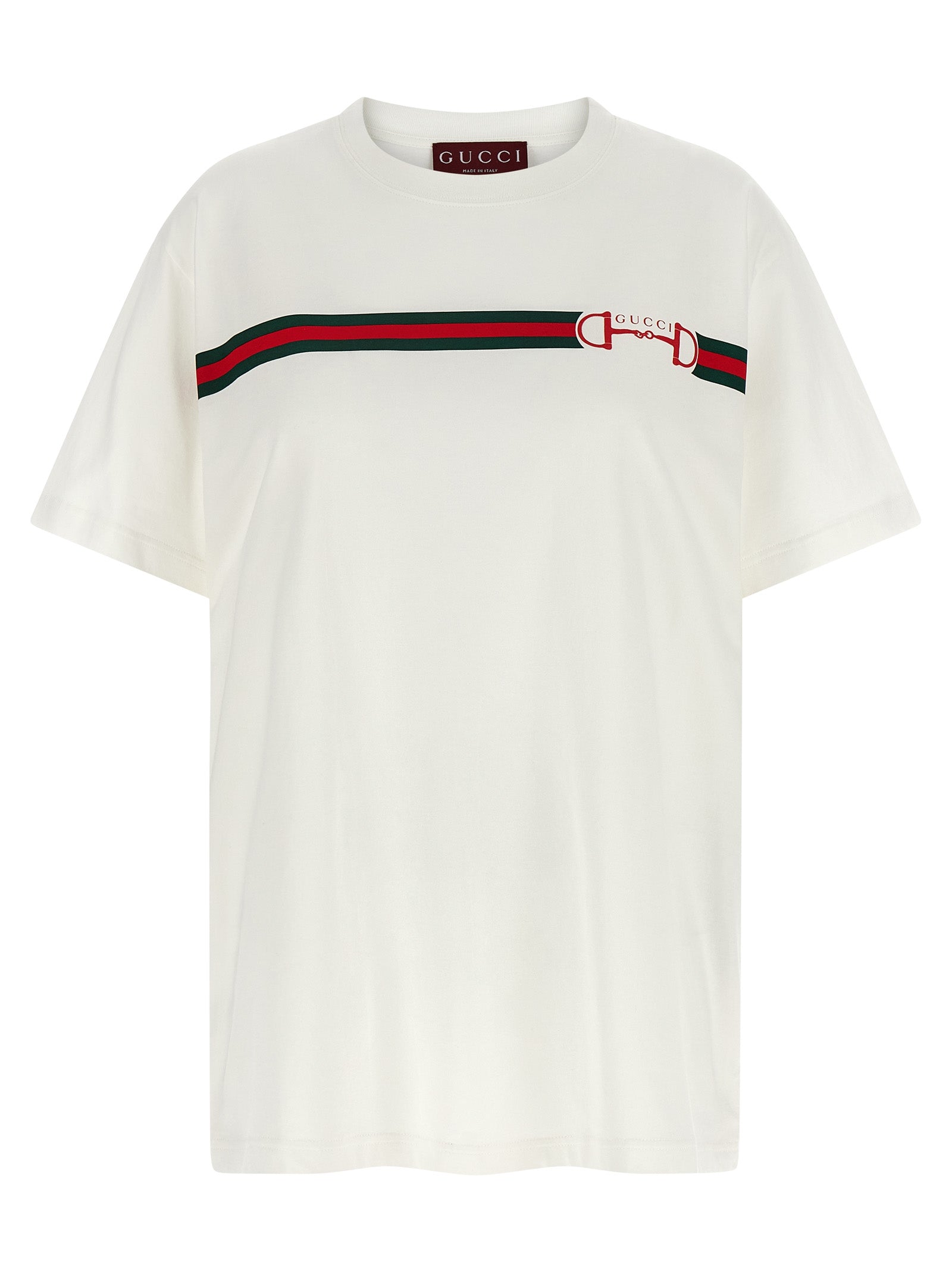 T-shirt blanc en coton de la marque Gucci, coupe classique avec logo Gucci visible sur la poitrine.