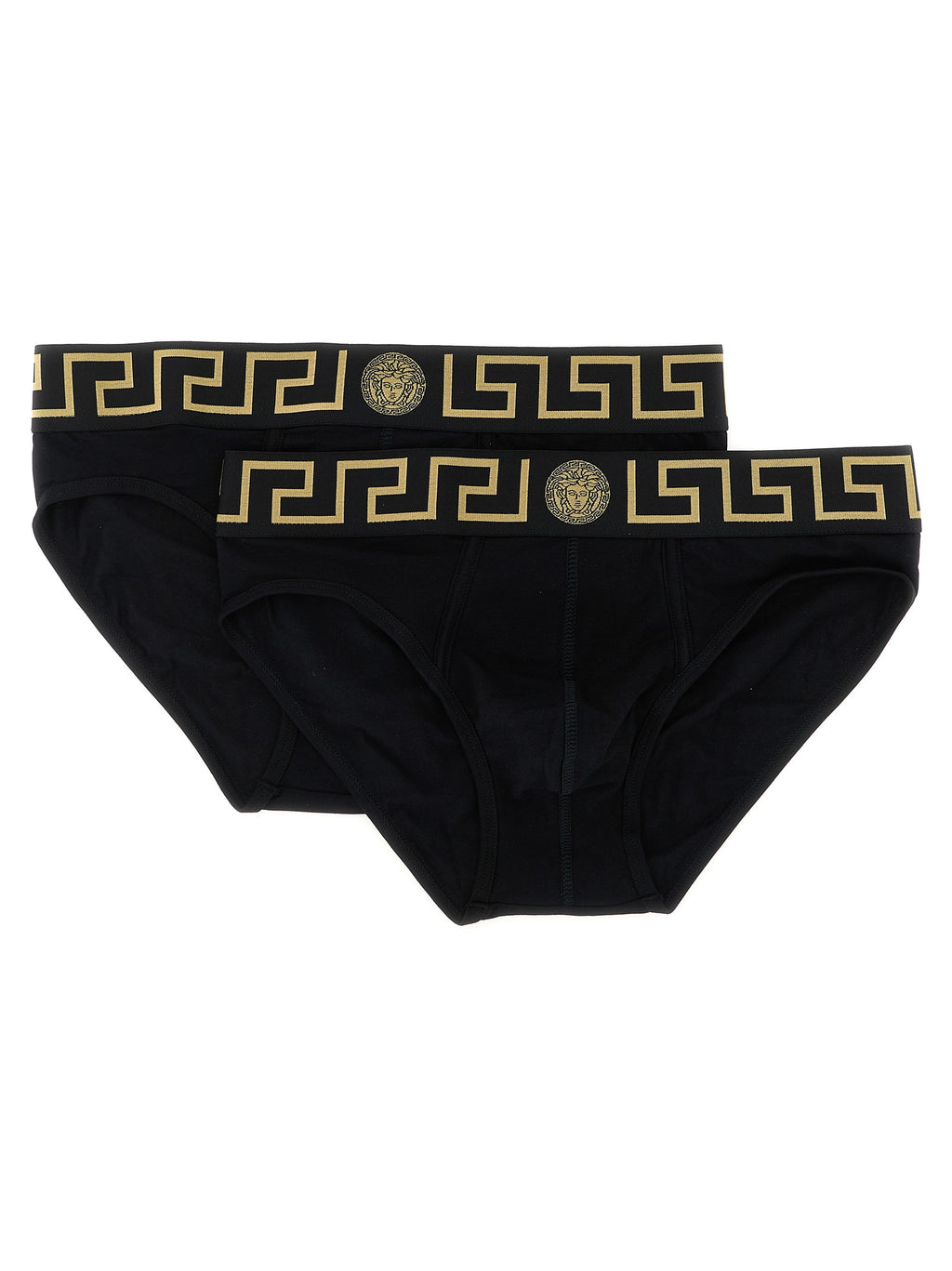 Culottes en coton noir de la marque Versace, avec logo emblématique et design élégant visible sur le tissu.
