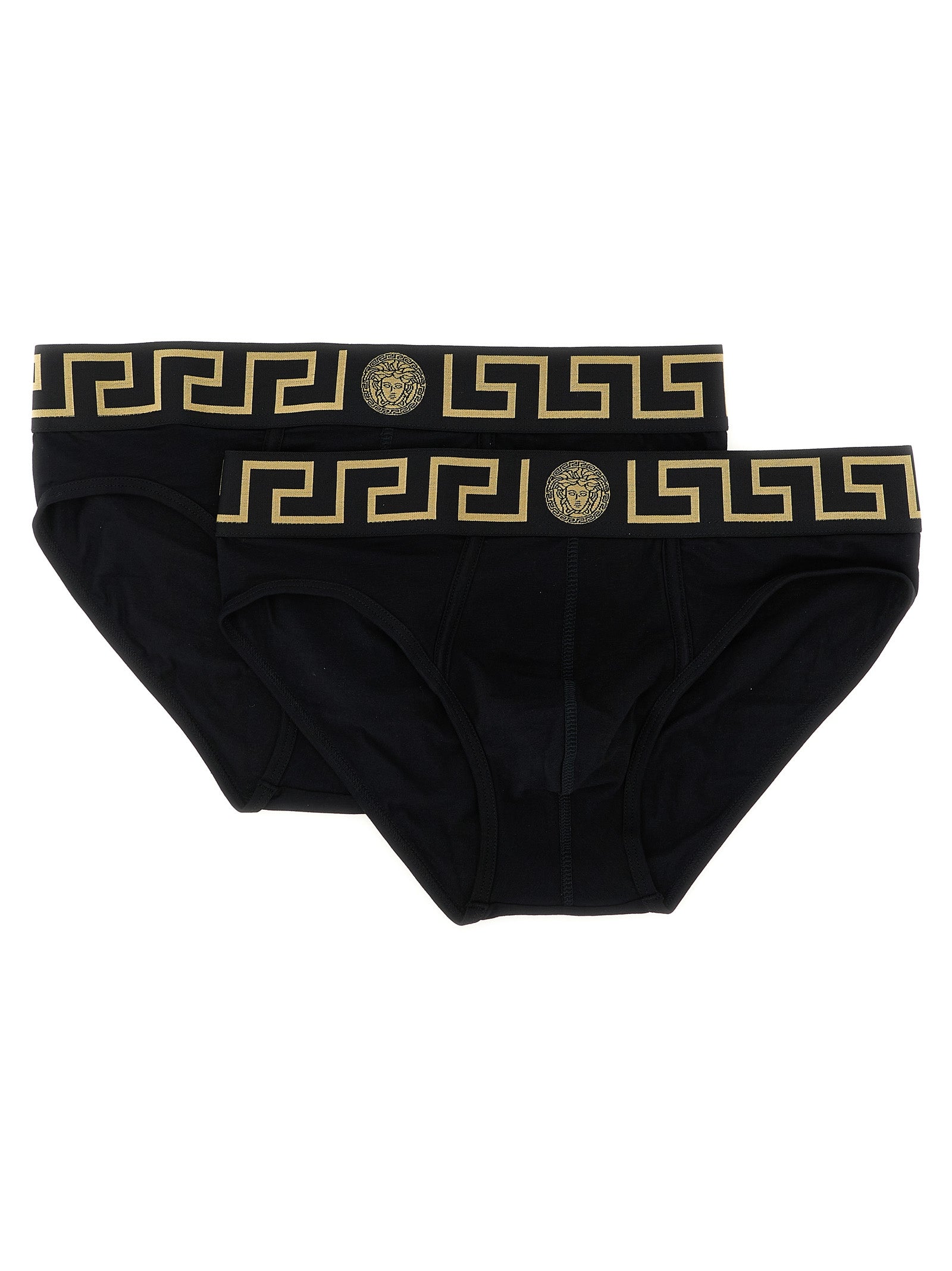 Culottes en coton noir de la marque Versace, avec logo emblématique et design élégant visible sur le tissu.