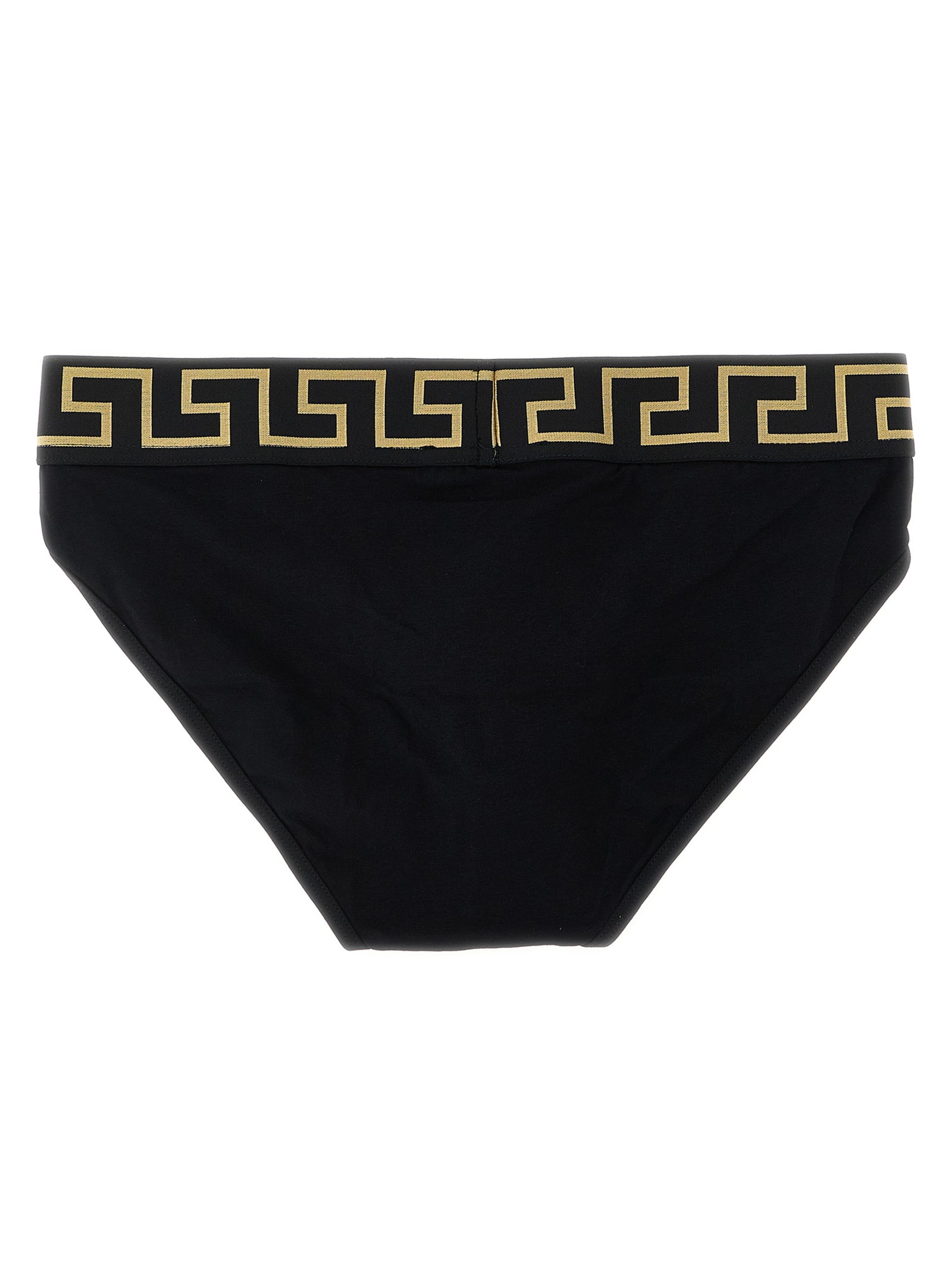 Caleçons briefs noirs en coton de la marque Versace, avec logo distinctif et coupe ajustée visible sur l'image.
