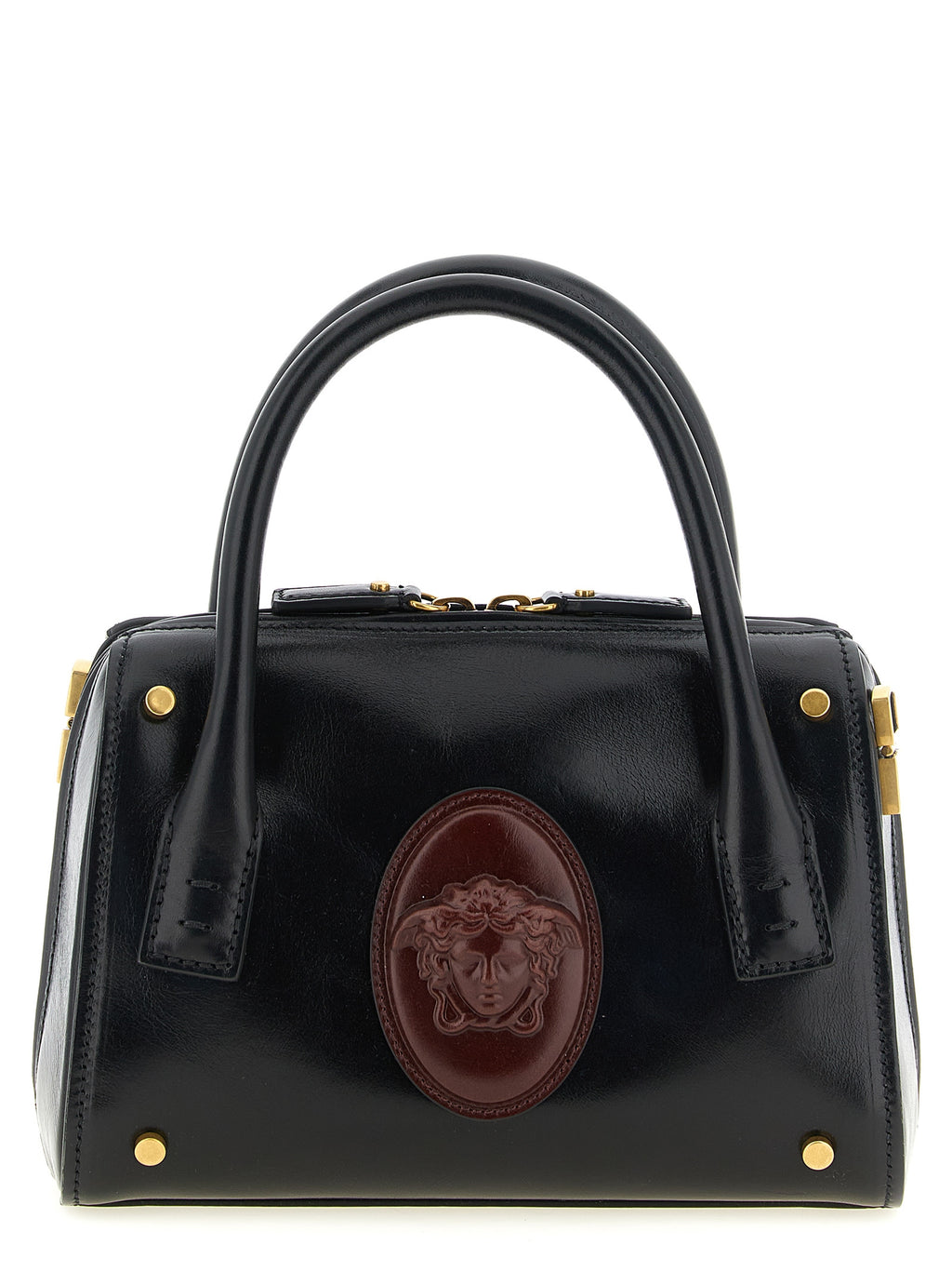 Sac à main en cuir de veau noir de la marque Versace, avec détails élégants et design sophistiqué.